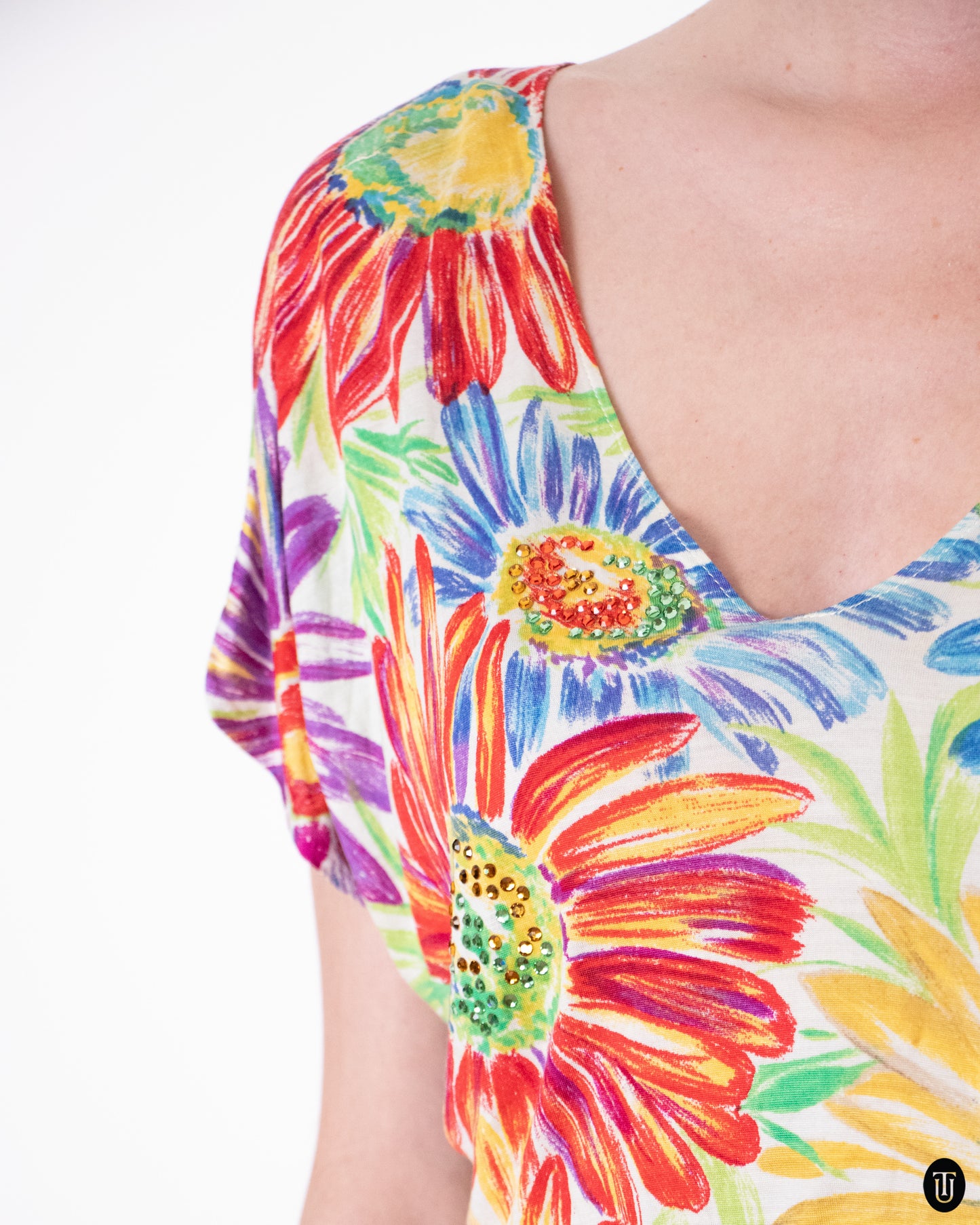 90's Blumarine Floral Silk Blend Crystal Top S