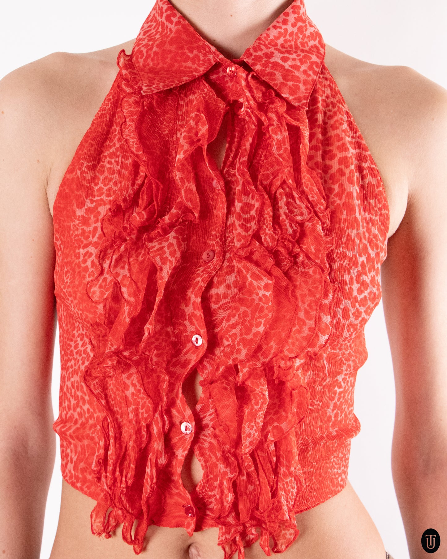 00's Blumarine Backless Red Ruffled Silk Top S