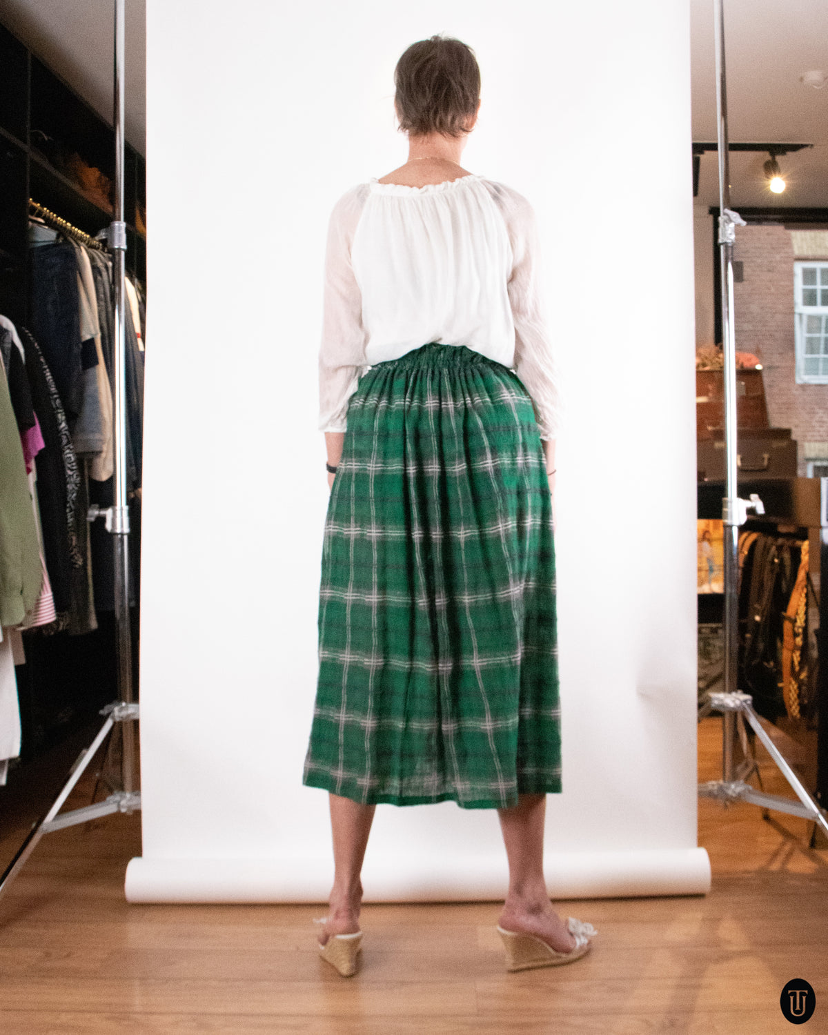 90's Yohji Yamamoto "Y's" Drawstring Green Wool Plaid Maxi Skirt M
