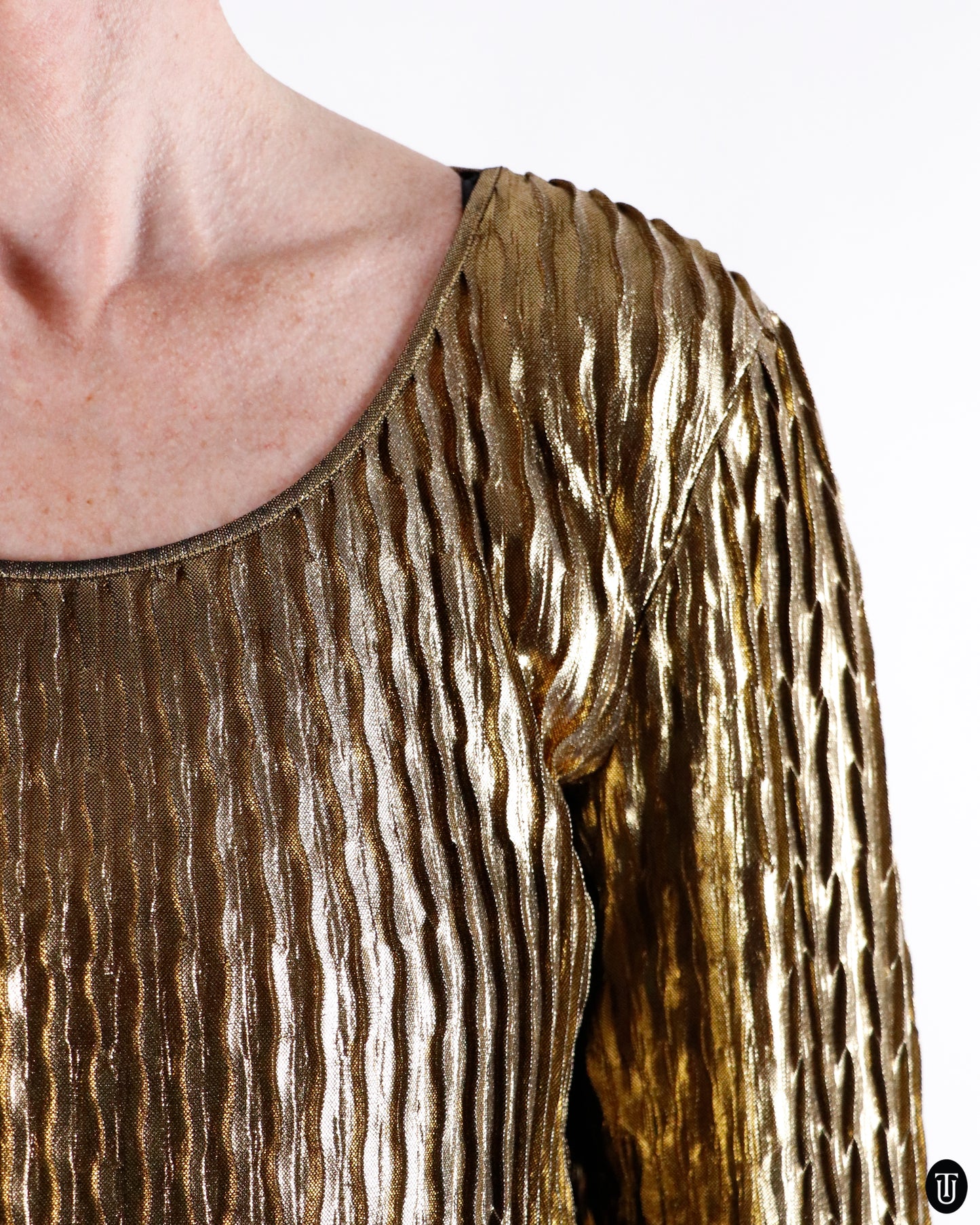 80's Yves Saint Laurent Gold Metallic Pleated Top M