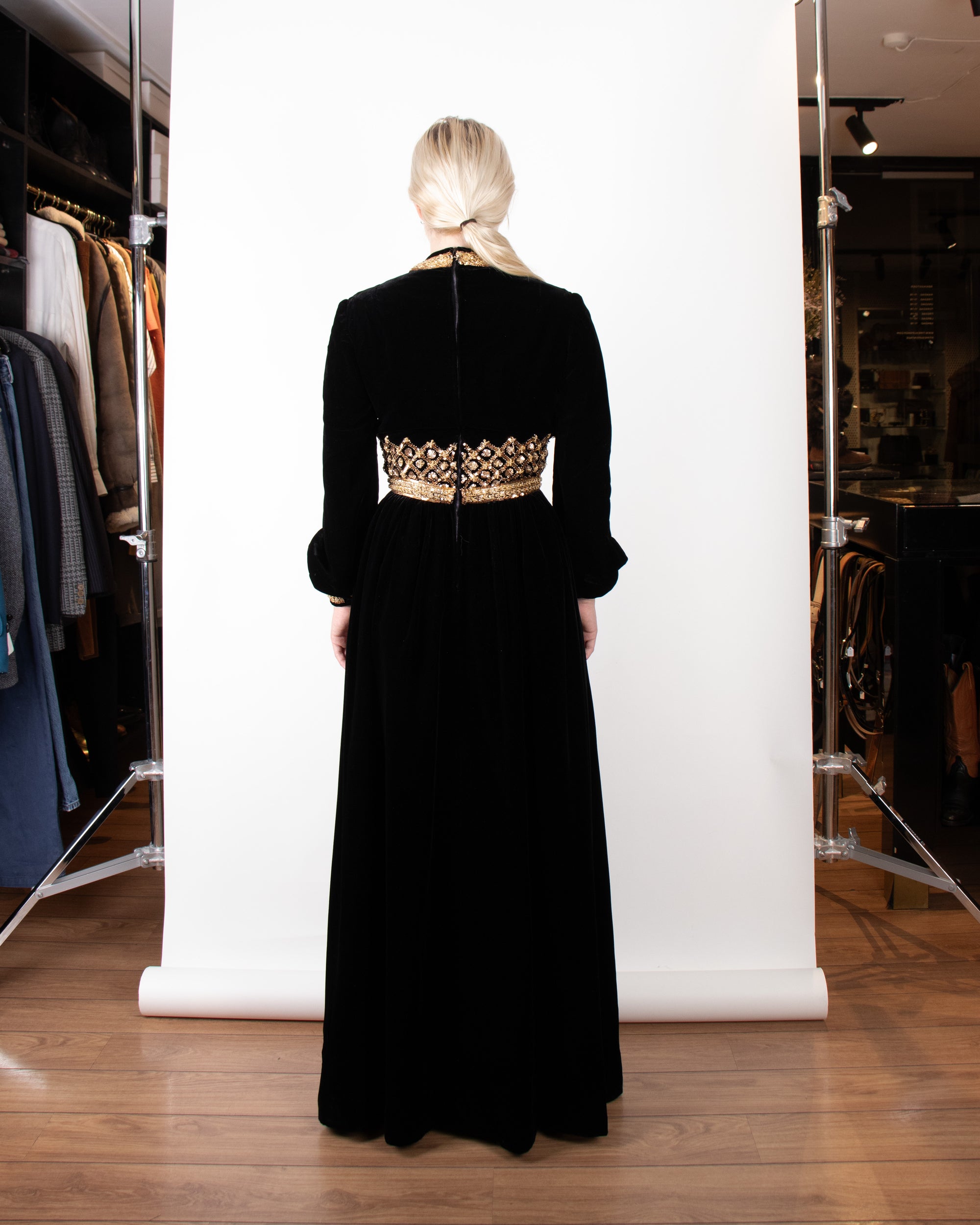 1970s Balmain Haute Couture Velvet and Beaded Evening Dress XS