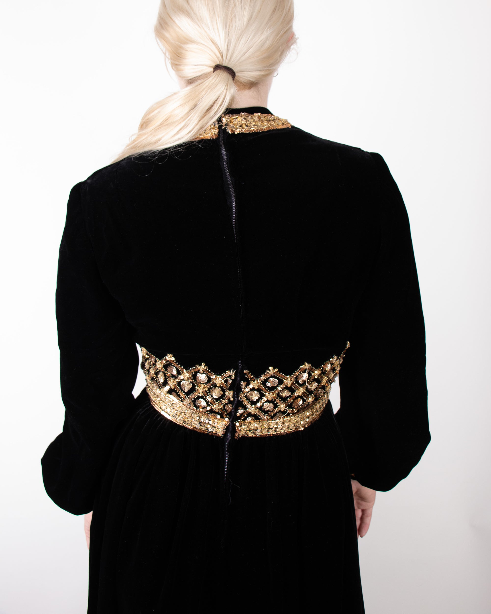 1970s Balmain Haute Couture Velvet and Beaded Evening Dress XS