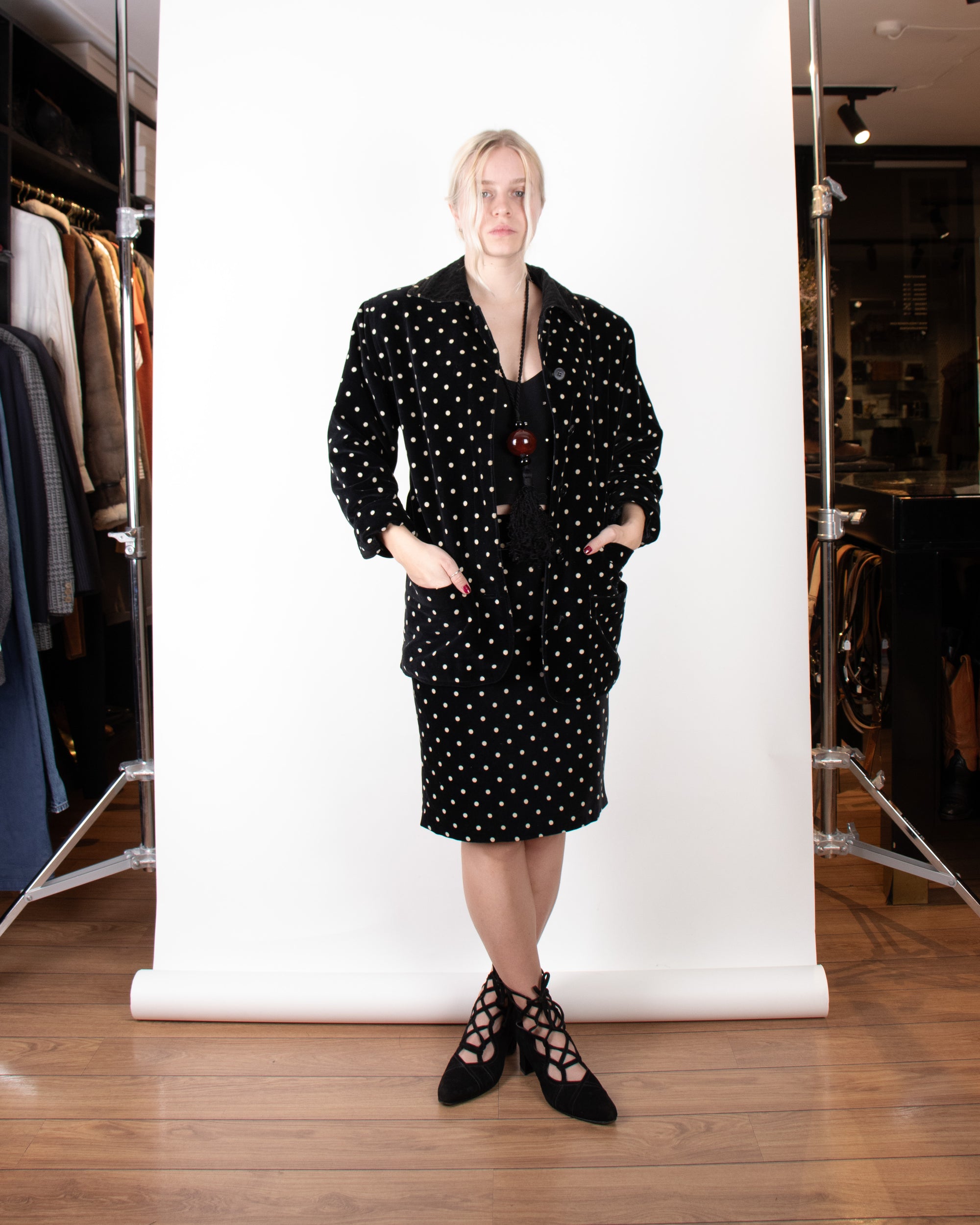 1980s Gianni Versace Polkadot Velvet Skirt Suit S