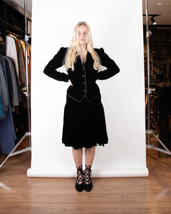 80's Yves Saint Laurent Rive Gauche Silk Velvet Skirt Suit XS
