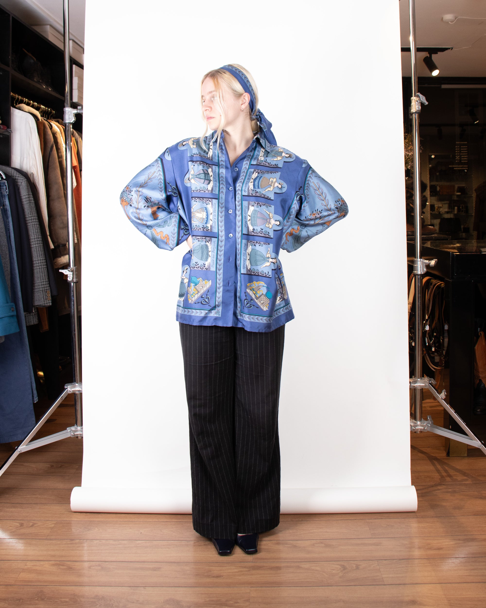 1980s Hermès Blue Flowy Silk Shirt with Additional Bow M