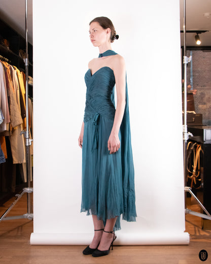 80's Loris Azzaro Teal Silk Chiffon Evening Dress M
