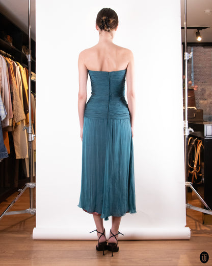 80's Loris Azzaro Teal Silk Chiffon Evening Dress M