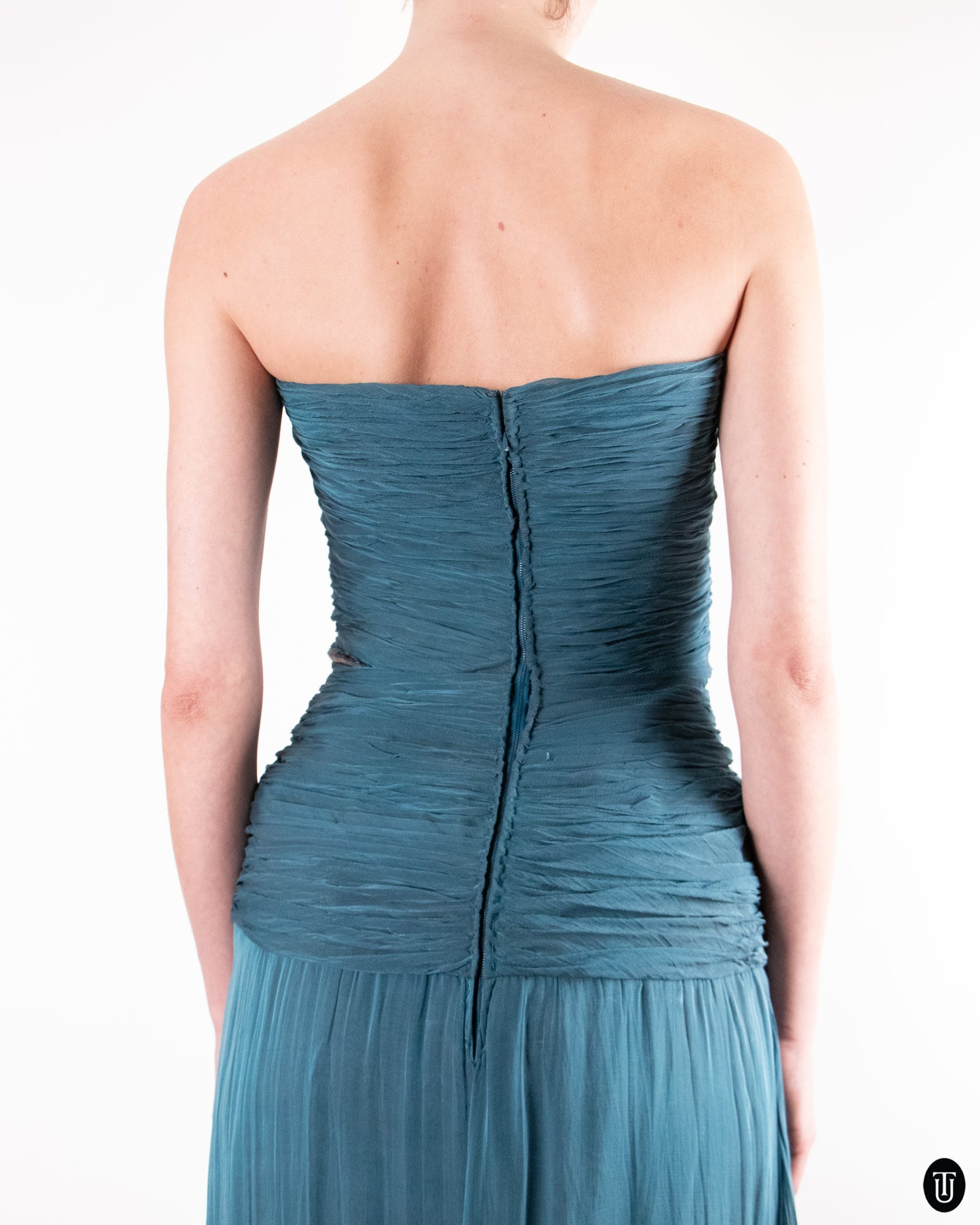 80's Loris Azzaro Teal Silk Chiffon Evening Dress M