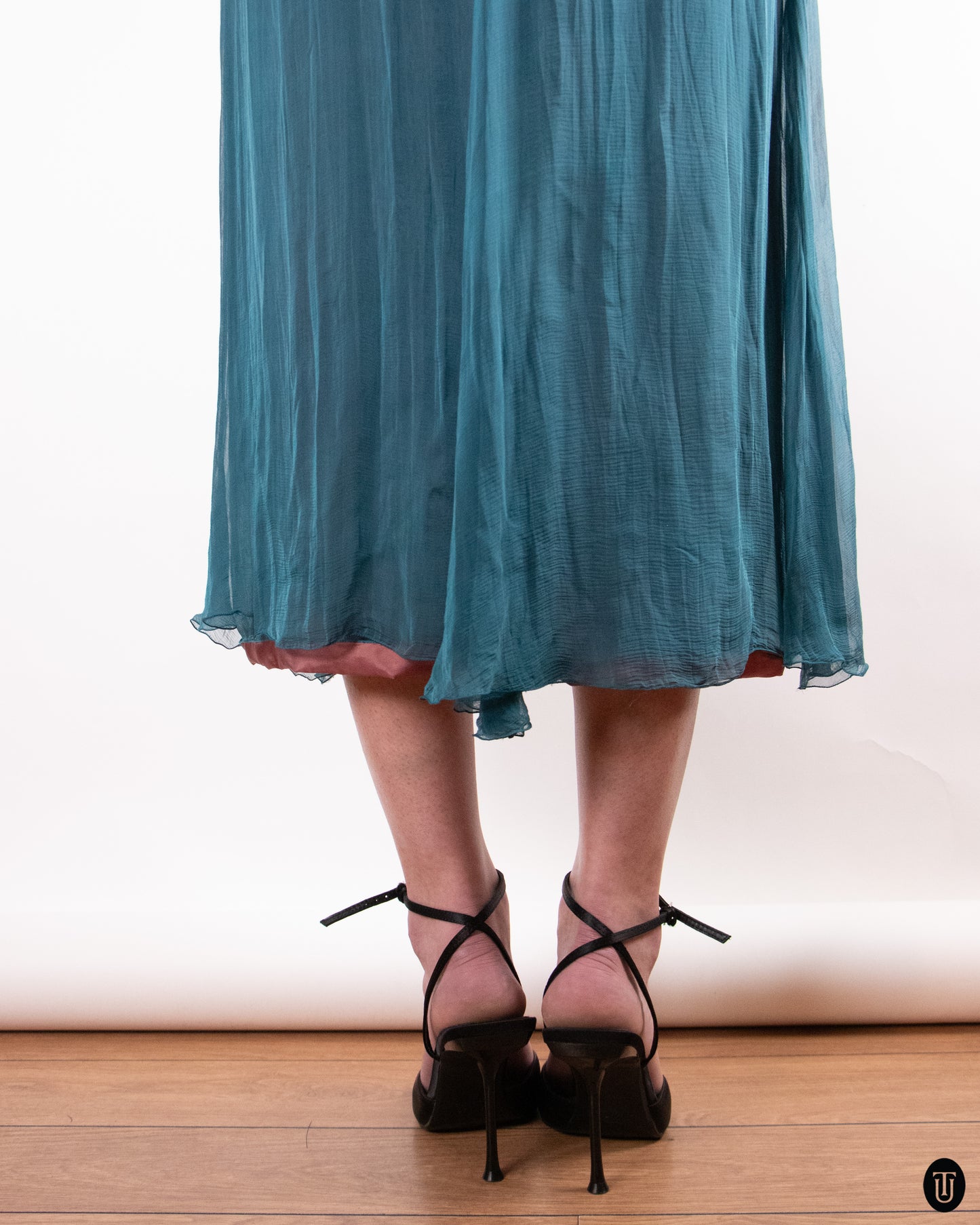 80's Loris Azzaro Teal Silk Chiffon Evening Dress M
