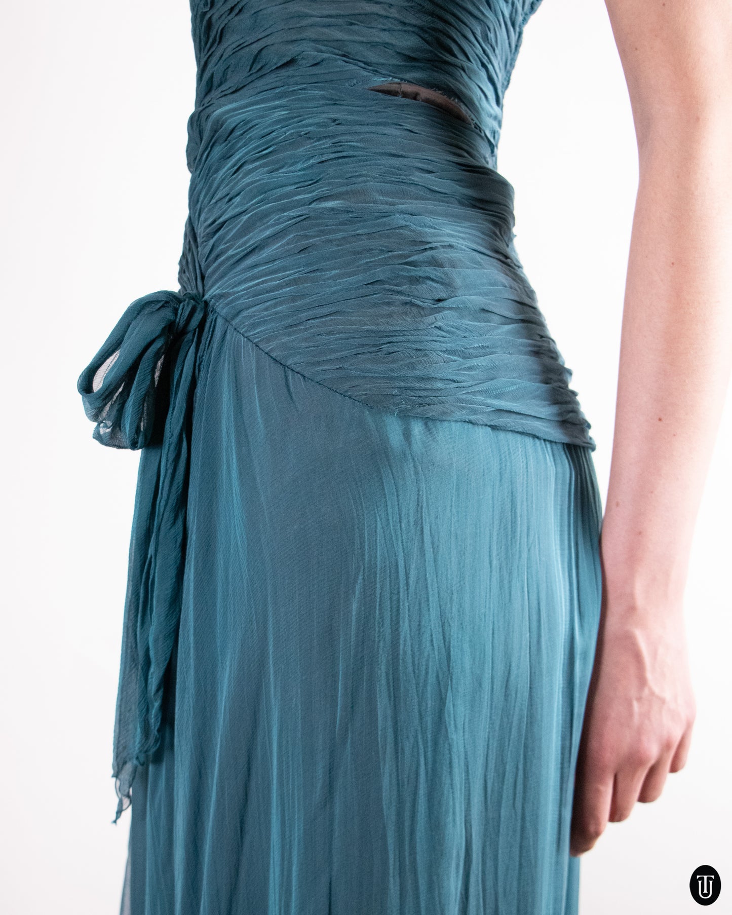 80's Loris Azzaro Teal Silk Chiffon Evening Dress M