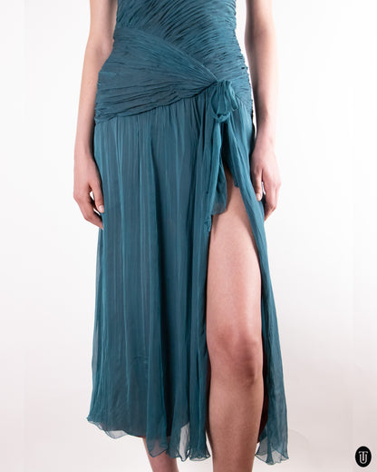 80's Loris Azzaro Teal Silk Chiffon Evening Dress M