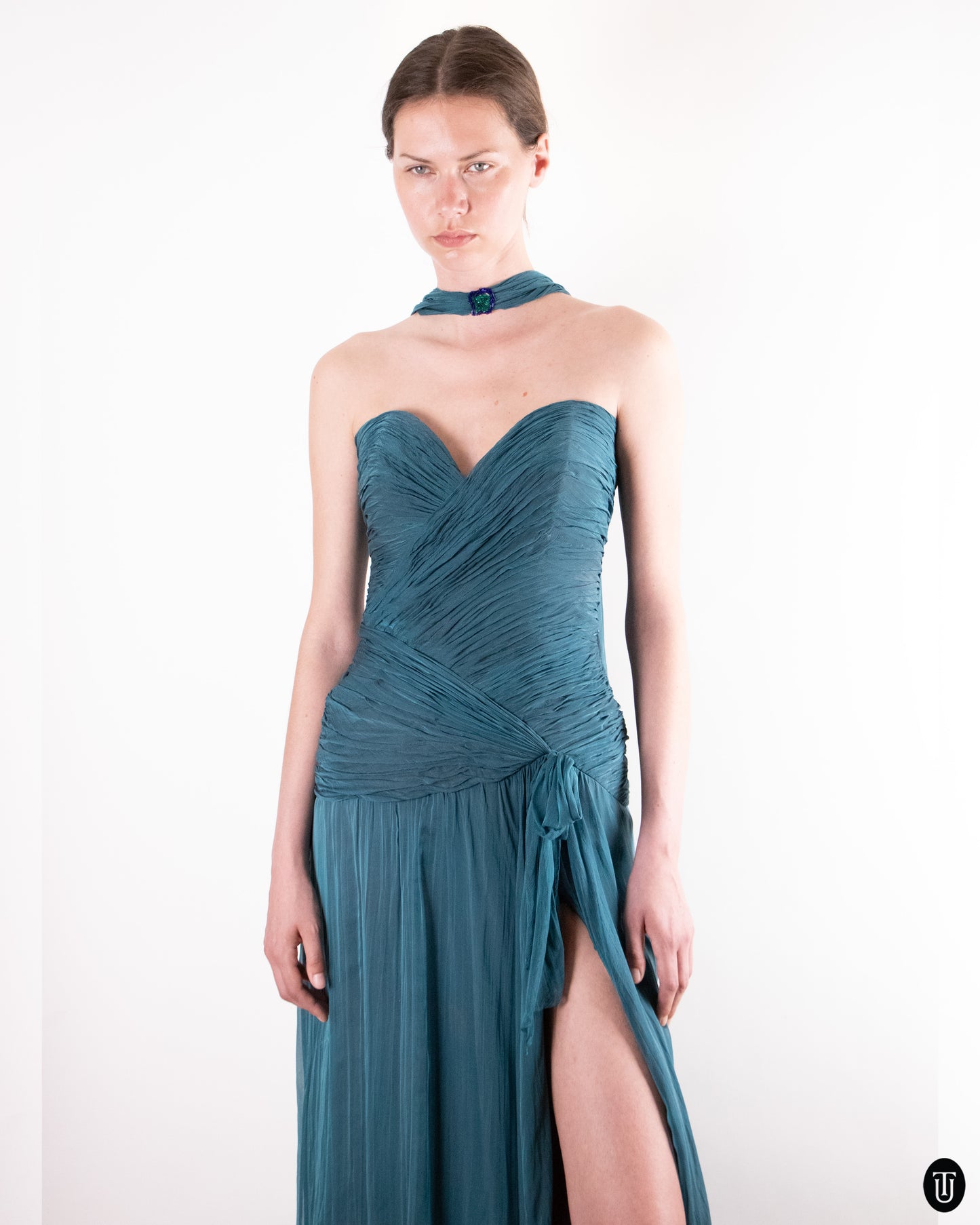 80's Loris Azzaro Teal Silk Chiffon Evening Dress M