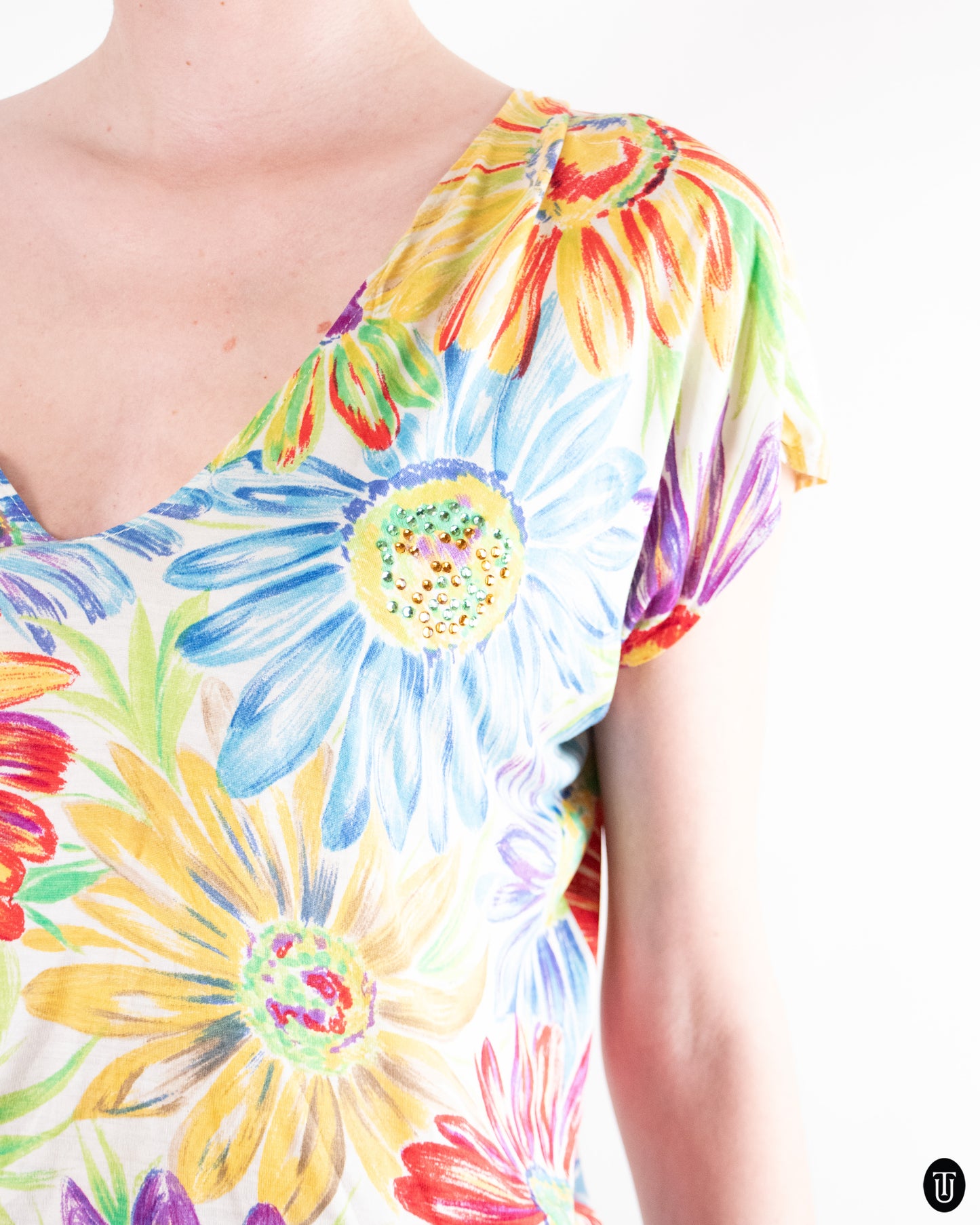 90's Blumarine Floral Silk Blend Crystal Top S