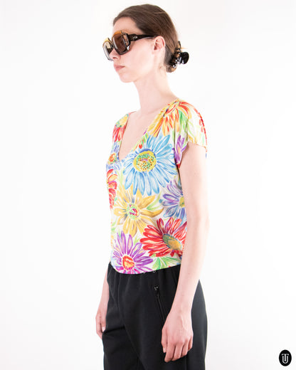 90's Blumarine Floral Silk Blend Crystal Top S