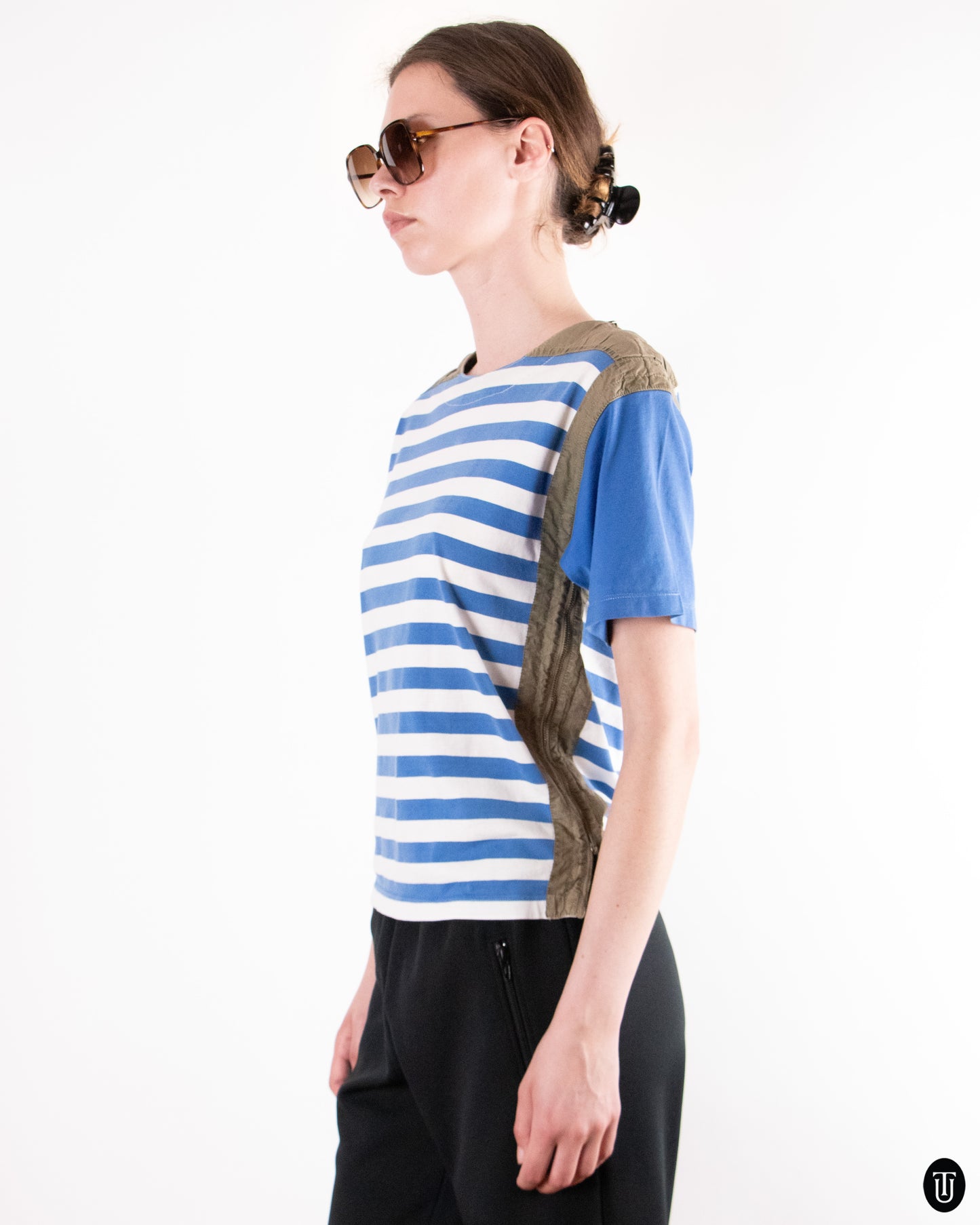 80's Iceberg Striped Zip-Panel Cotton T-shirt S