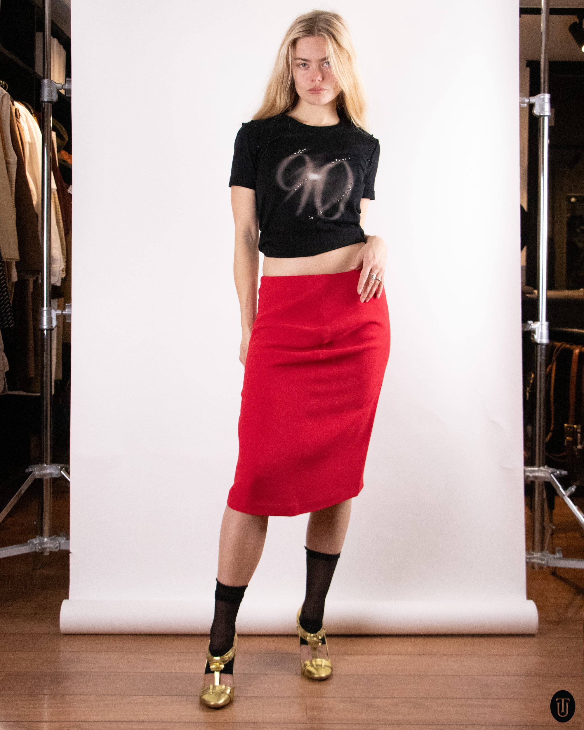 00's Giorgio Armani Red Silk Pencil Skirt M