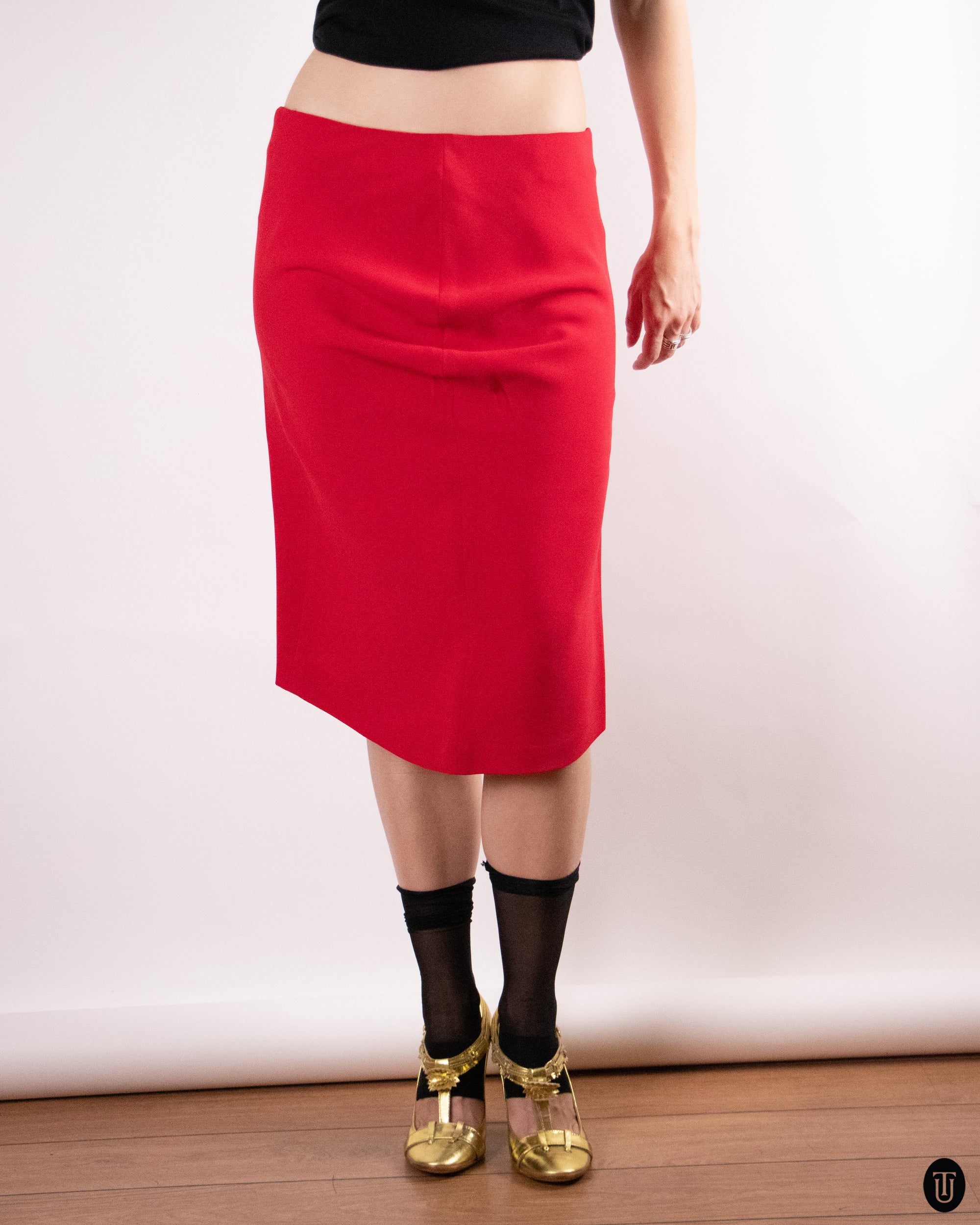 00's Giorgio Armani Red Silk Pencil Skirt M