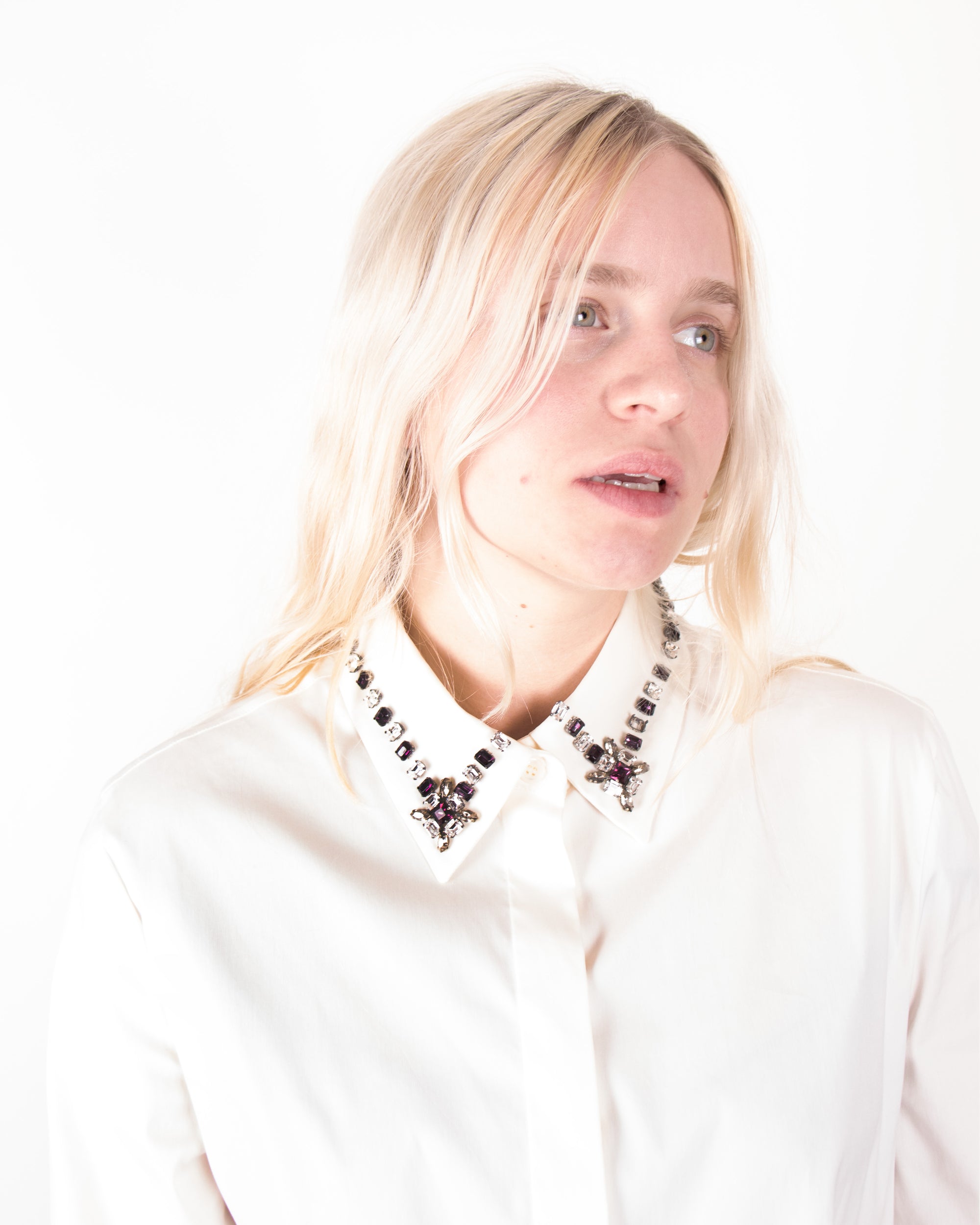 2000s Prada White Cotton Shirt with Embellished Collar M/L