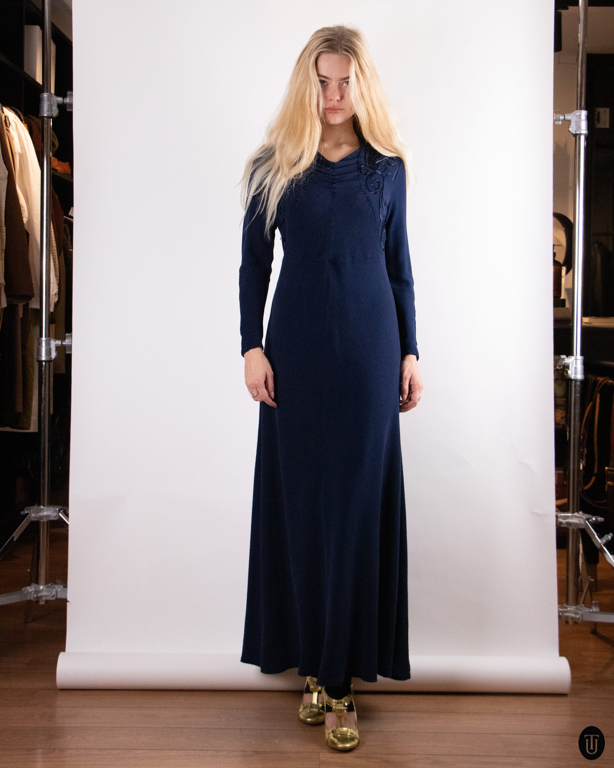 40's Vintage Blue Embellished Silk Gown M