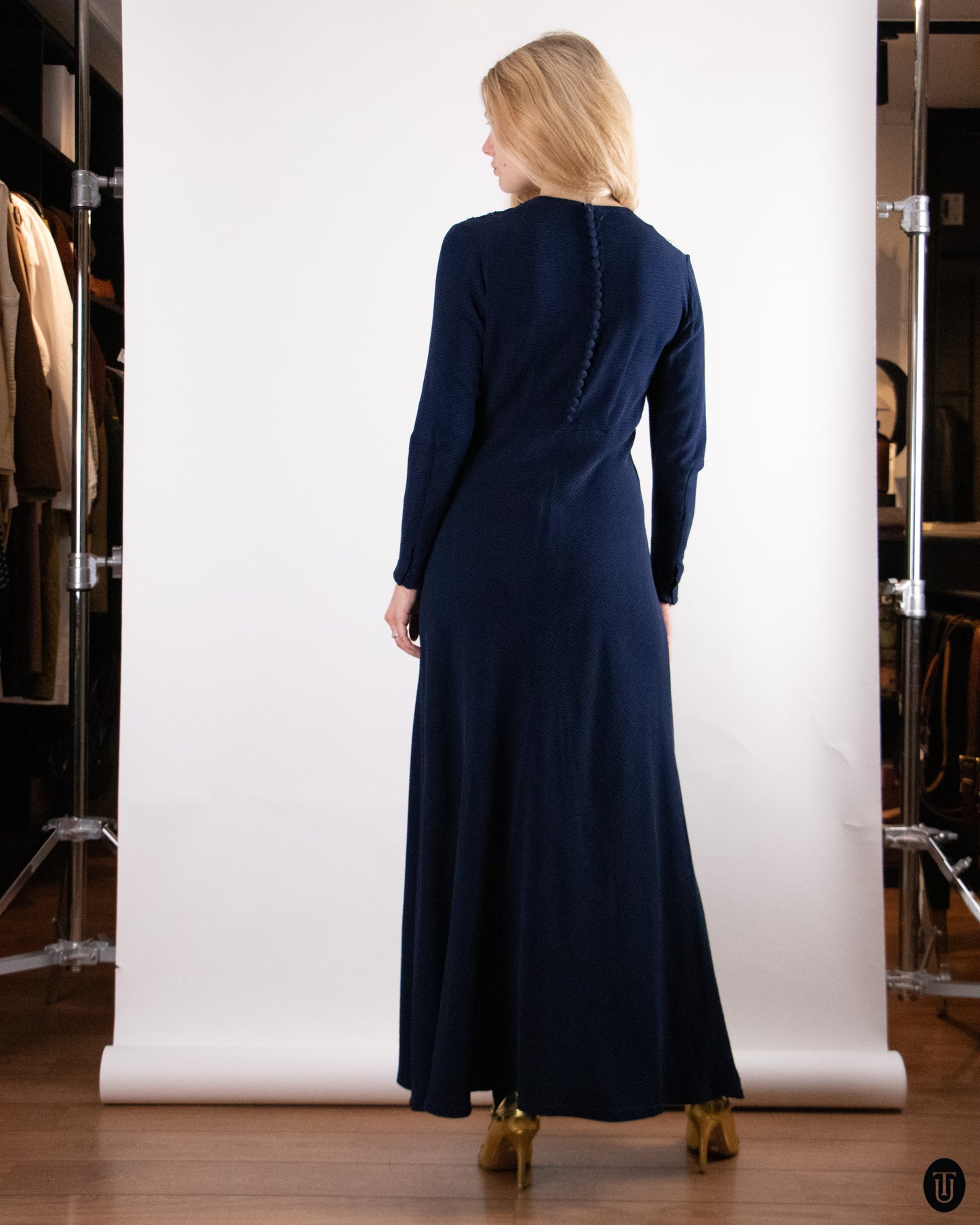 40's Vintage Blue Embellished Silk Gown M