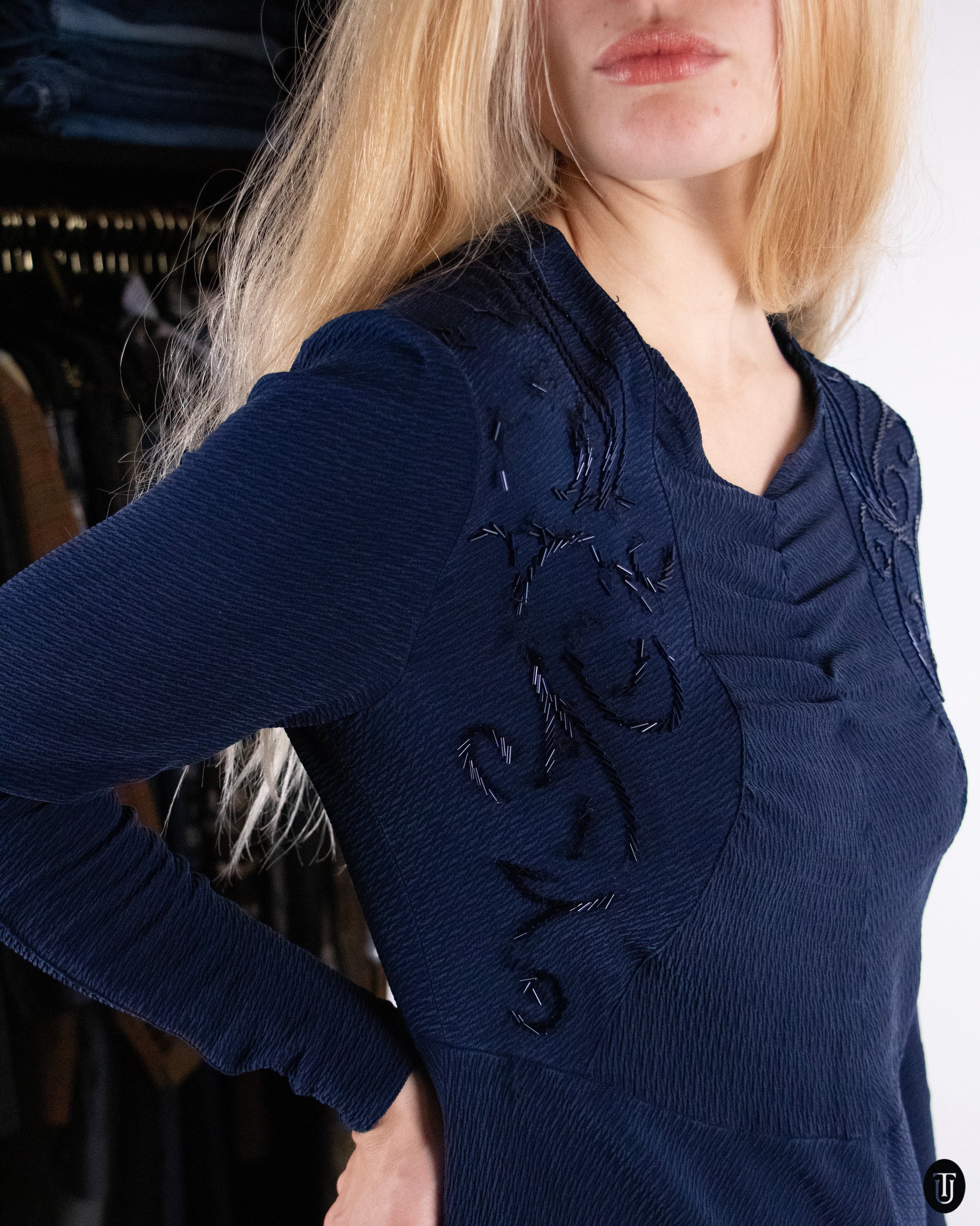 40's Vintage Blue Embellished Silk Gown M