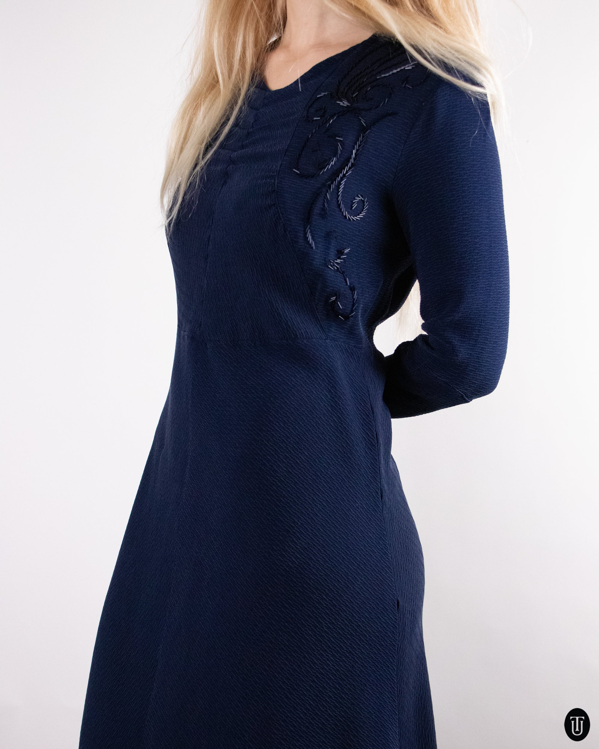 40's Vintage Blue Embellished Silk Gown M