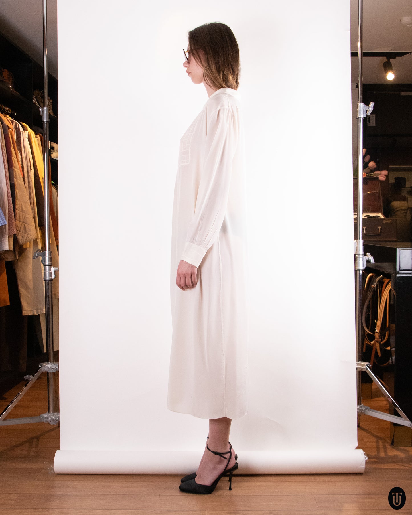 50's White Silk Dress L