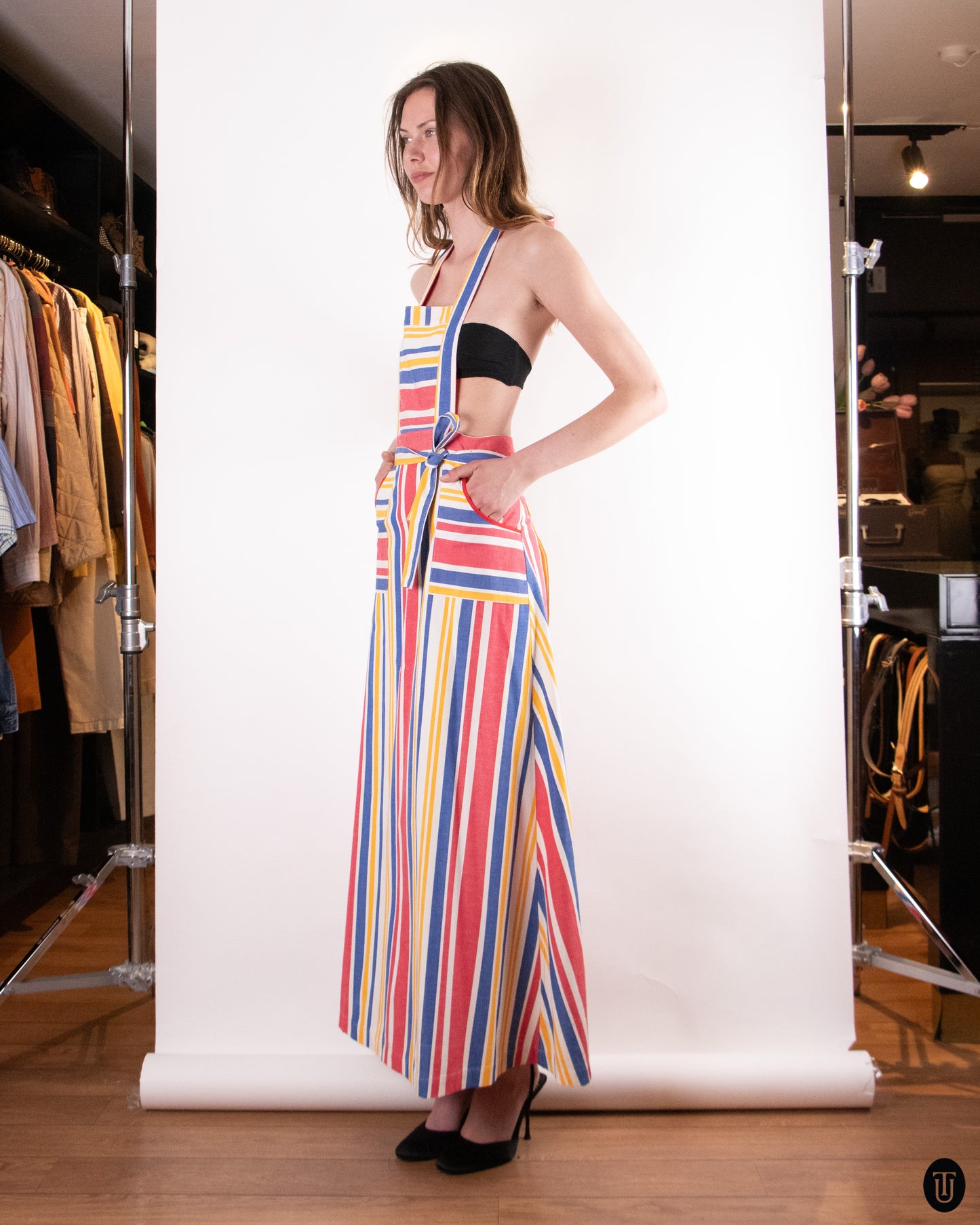 70's En Rikke Model Striped Apron Dress M
