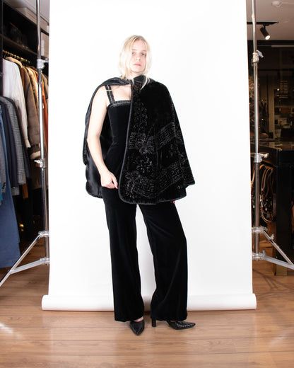 Rare 1890s Victorian Black Embellished Silk Velvet Cape M