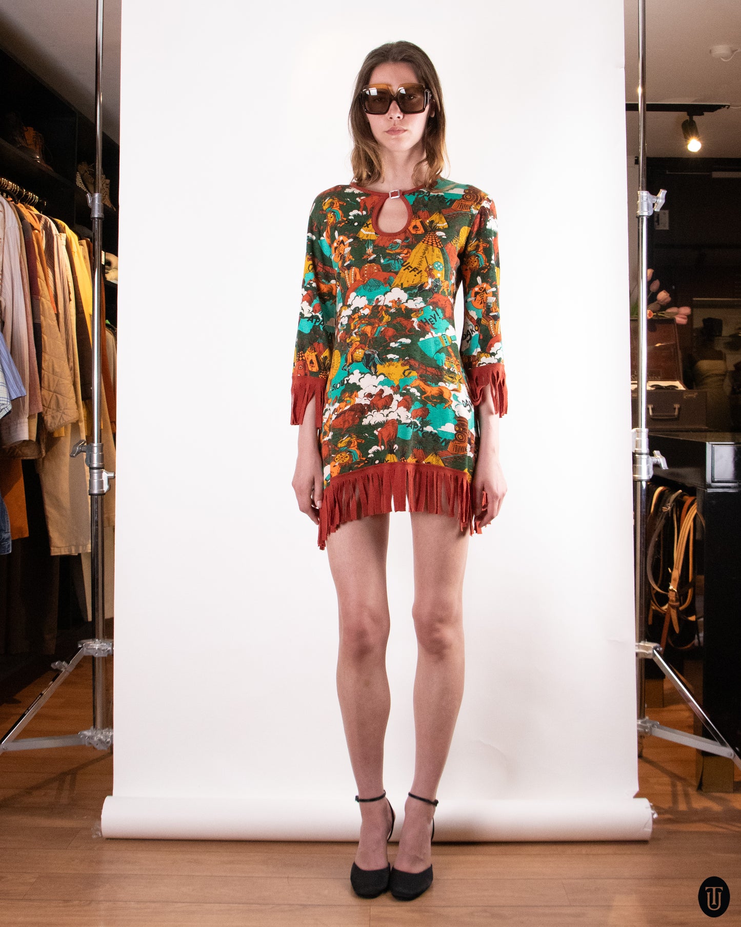 70's Western Fringe Cotton Blend Mini Dress M