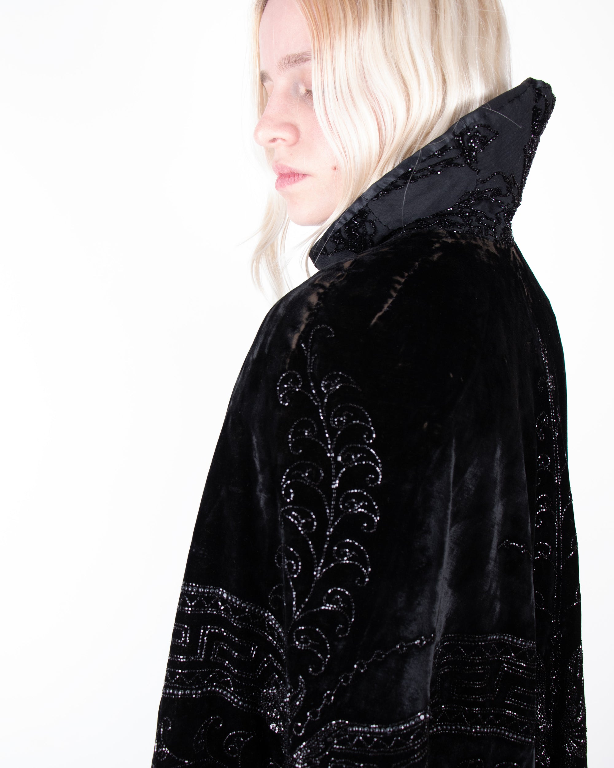 Rare 1890s Victorian Black Embellished Silk Velvet Cape OS