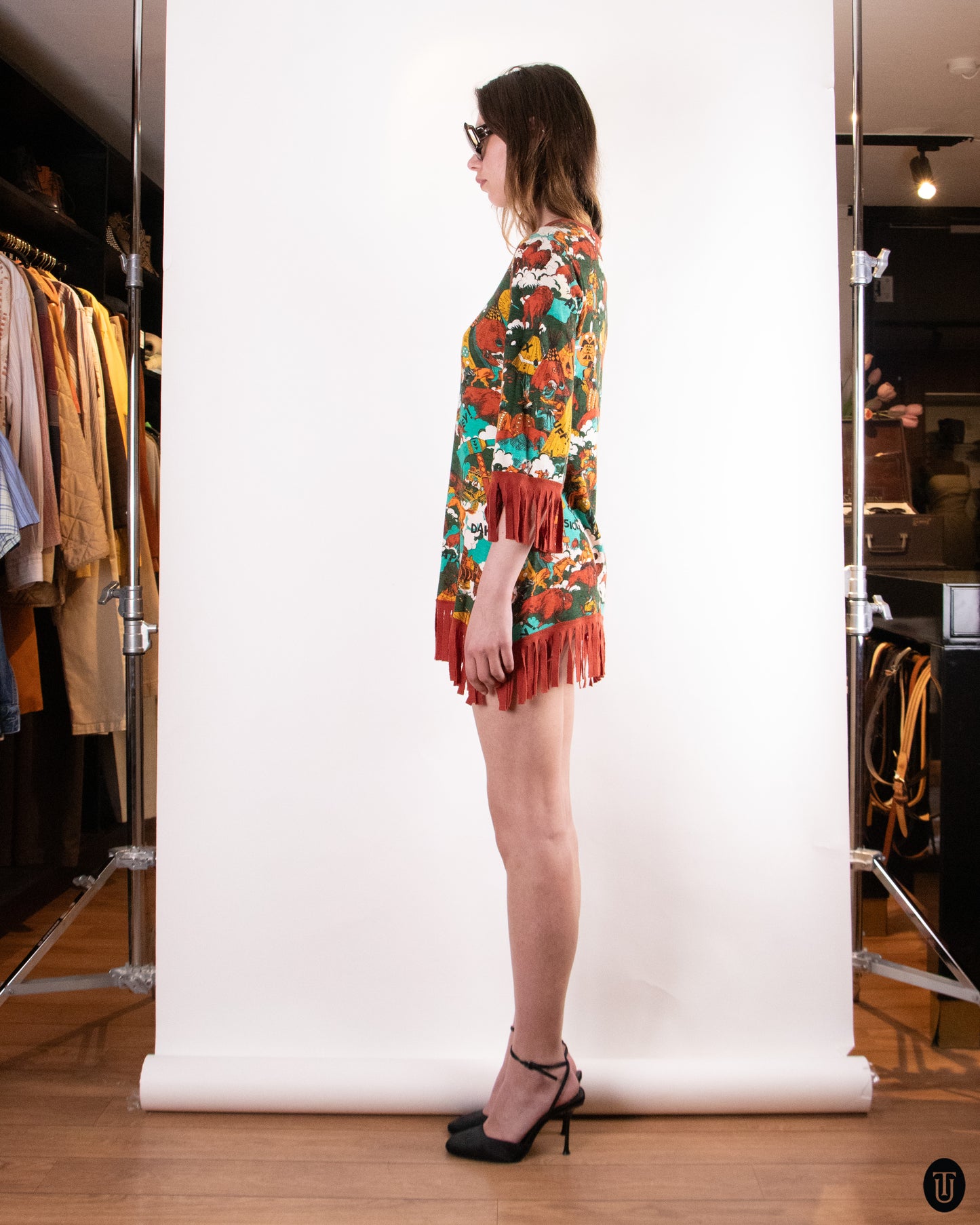 70's Western Fringe Cotton Blend Mini Dress M