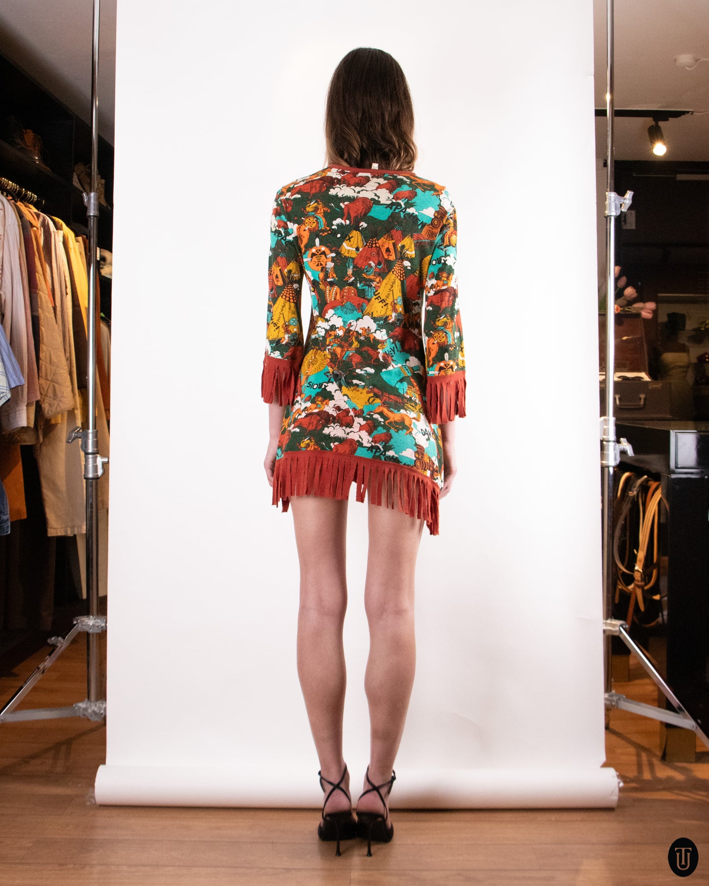 70's Western Fringe Cotton Blend Mini Dress M