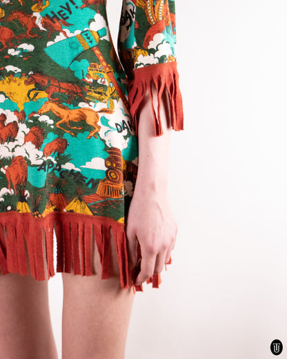70's Western Fringe Cotton Blend Mini Dress M