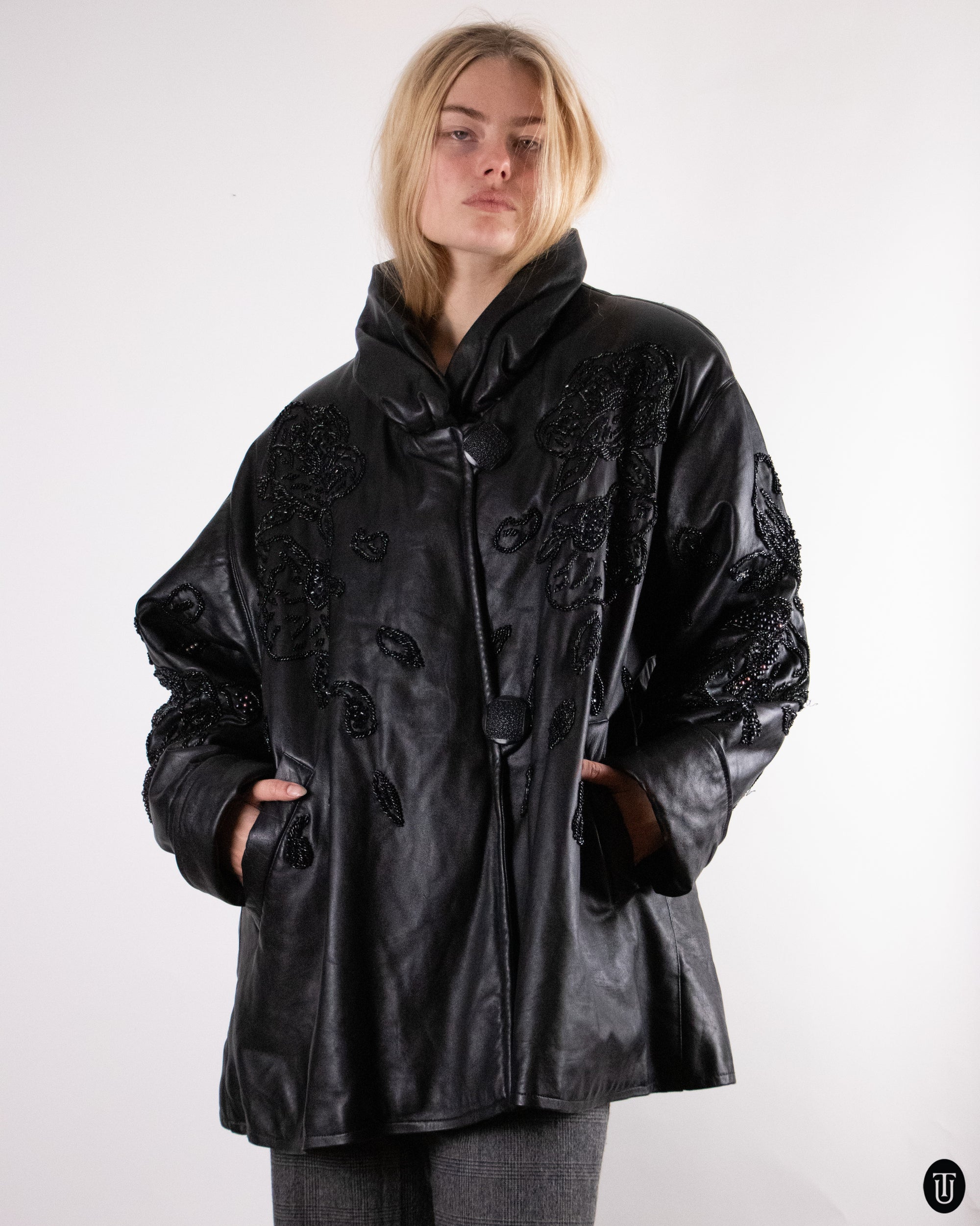 80's Padded and Embellished Leather Jacket M