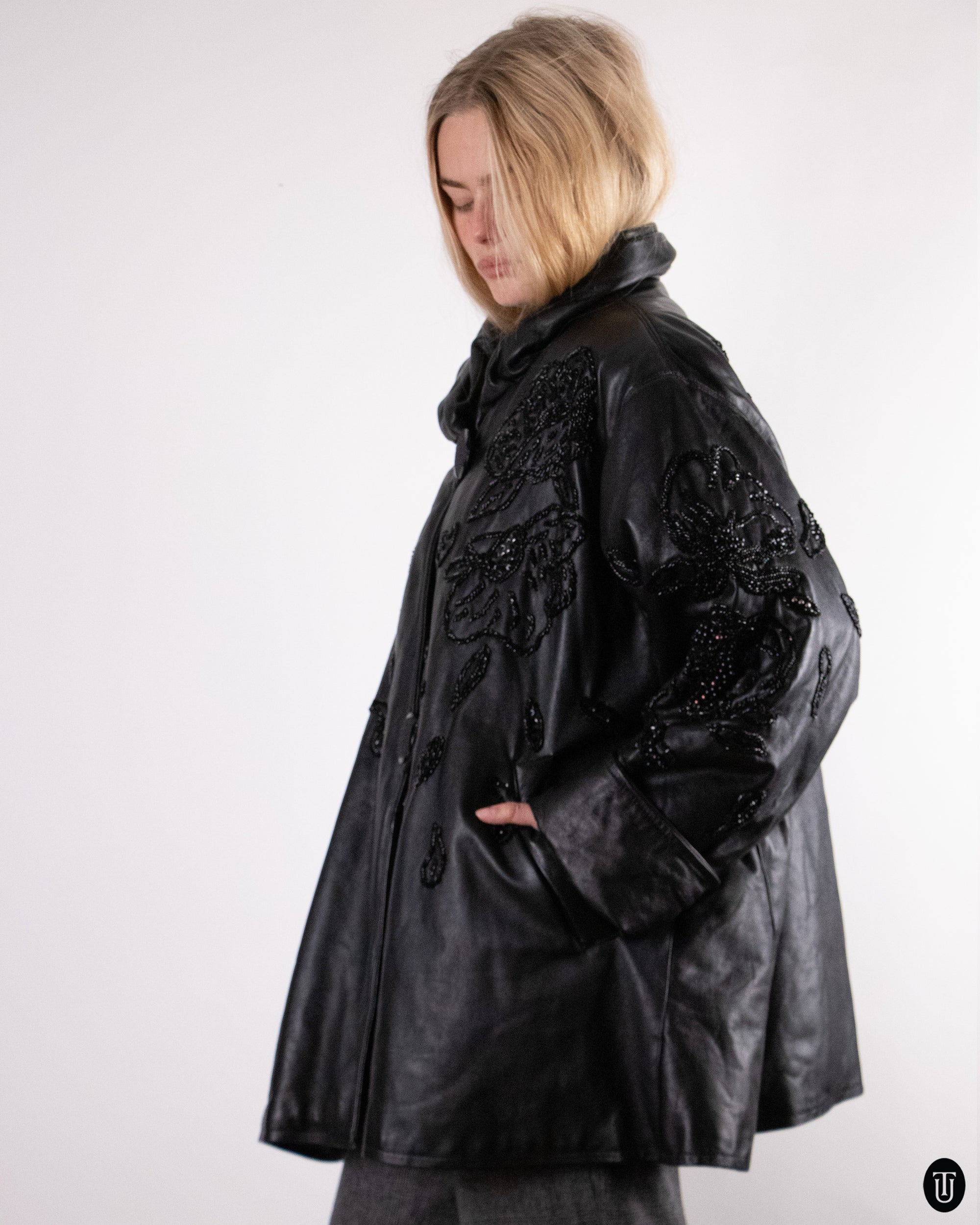 80's Padded and Embellished Leather Jacket M