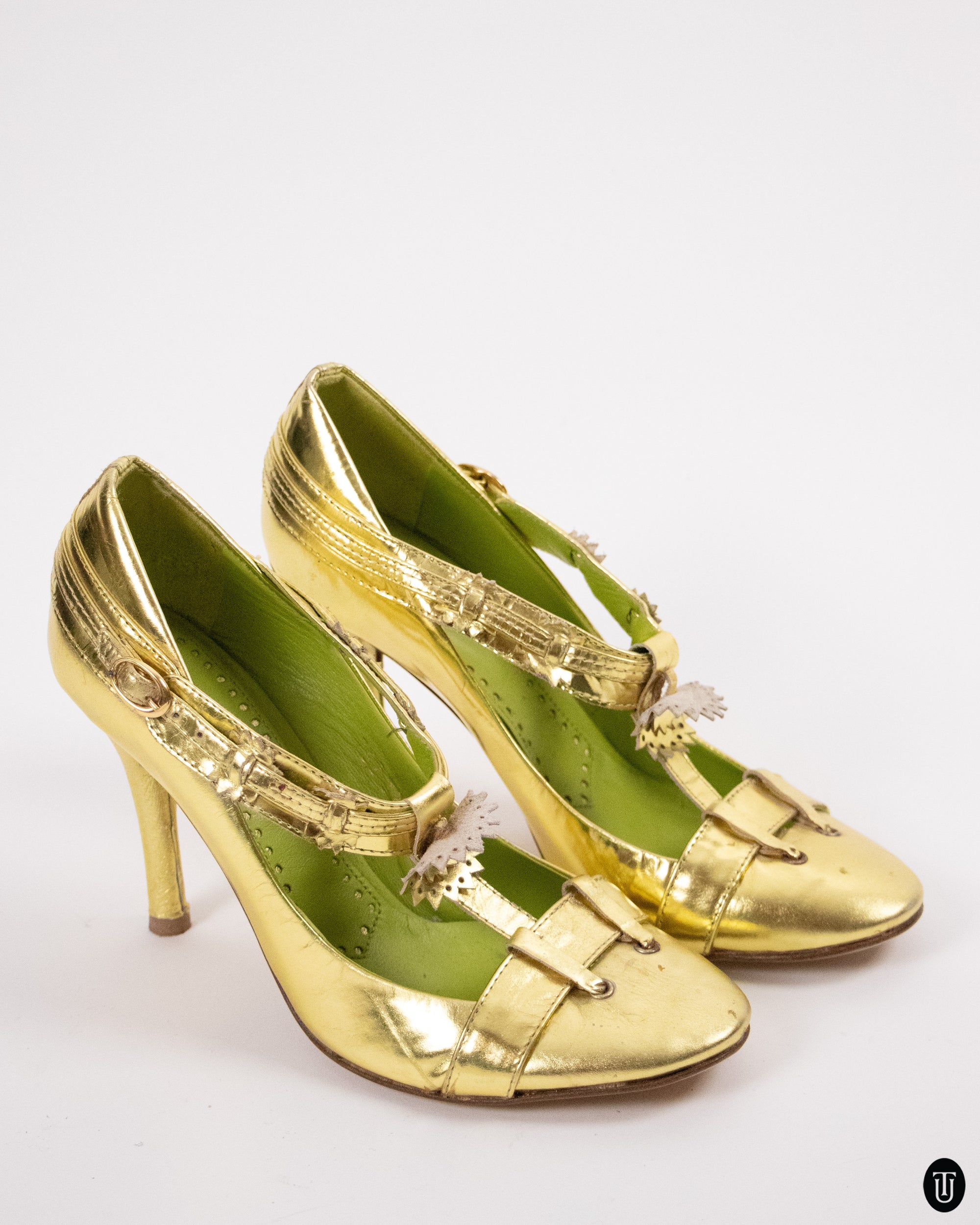 00's Etro Golden Green Mary Jane Pumps 37