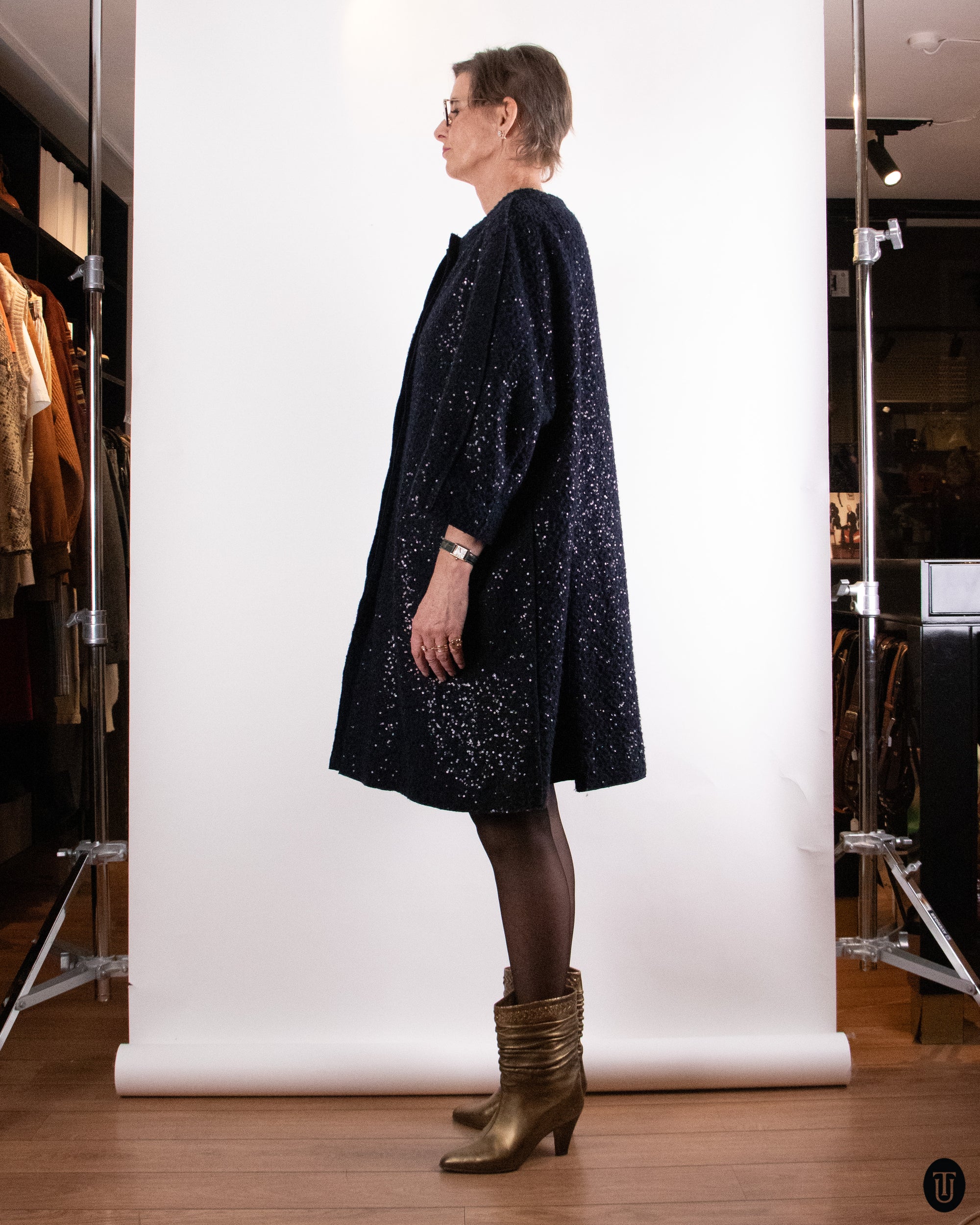 00's Nina Ricci Dark Navy Glitter Coat L