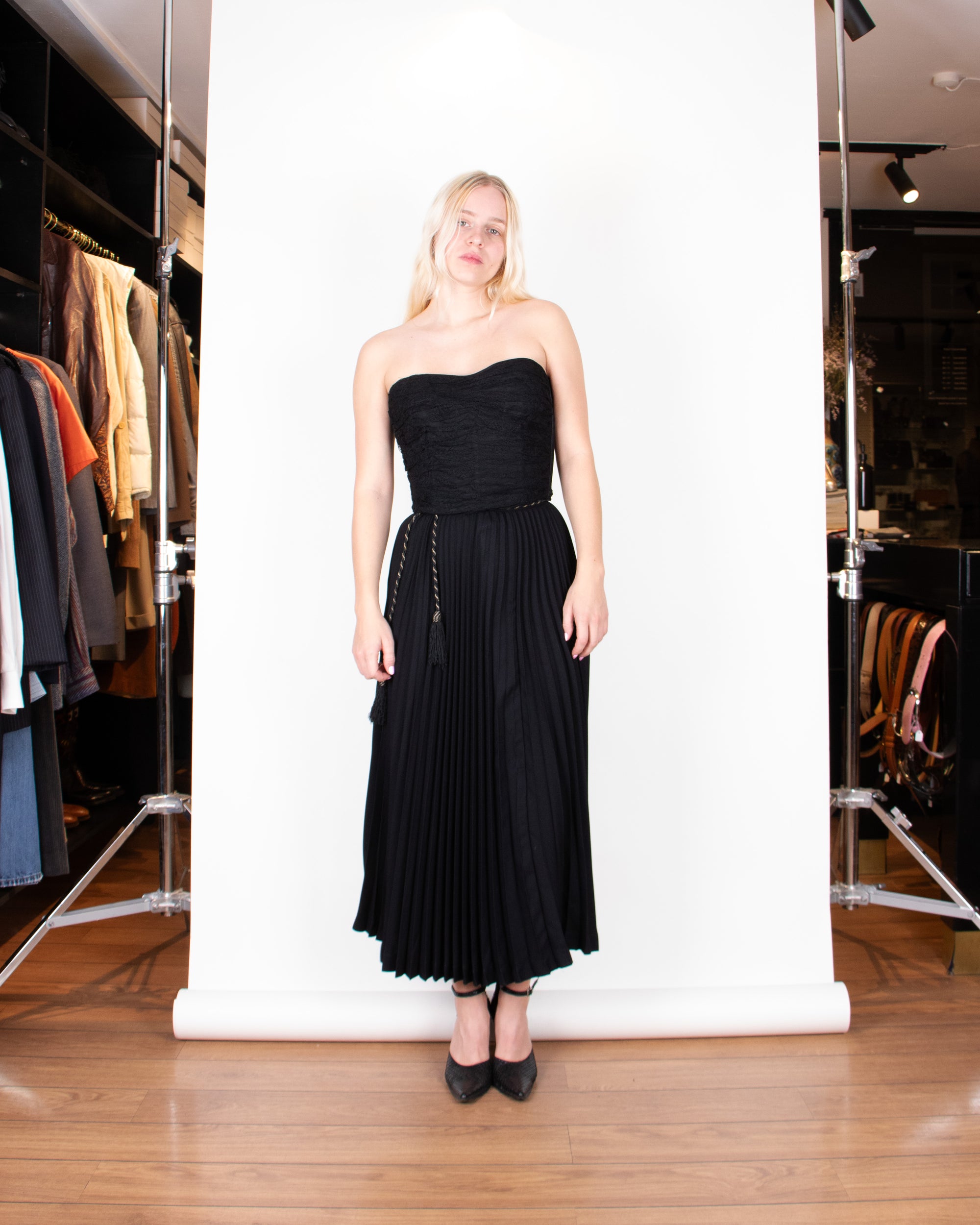 1970s Yves Saint Laurent Black Pleated Maxi Skirt S