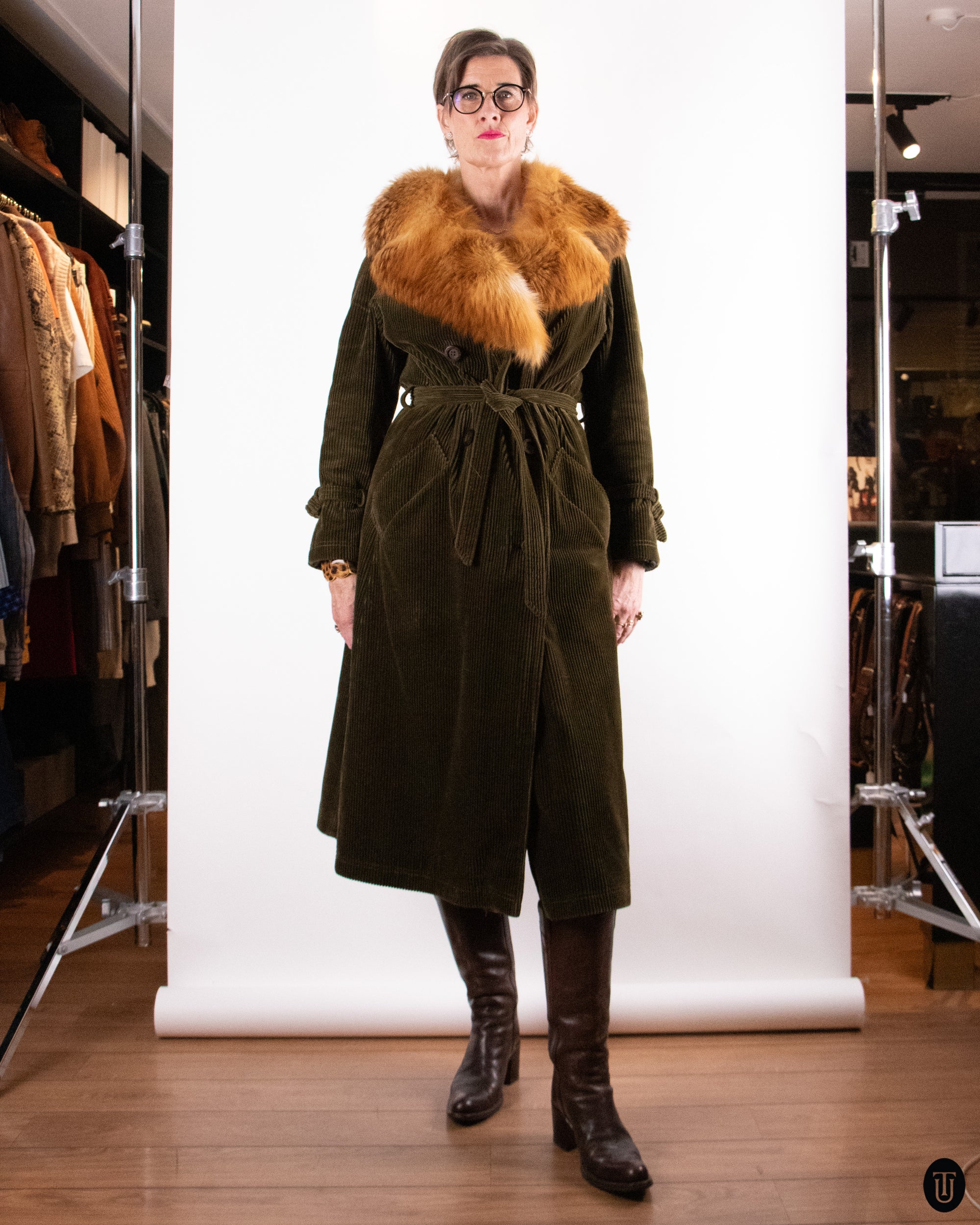 70's Hermes Corduroy & Fox Fur Coat M