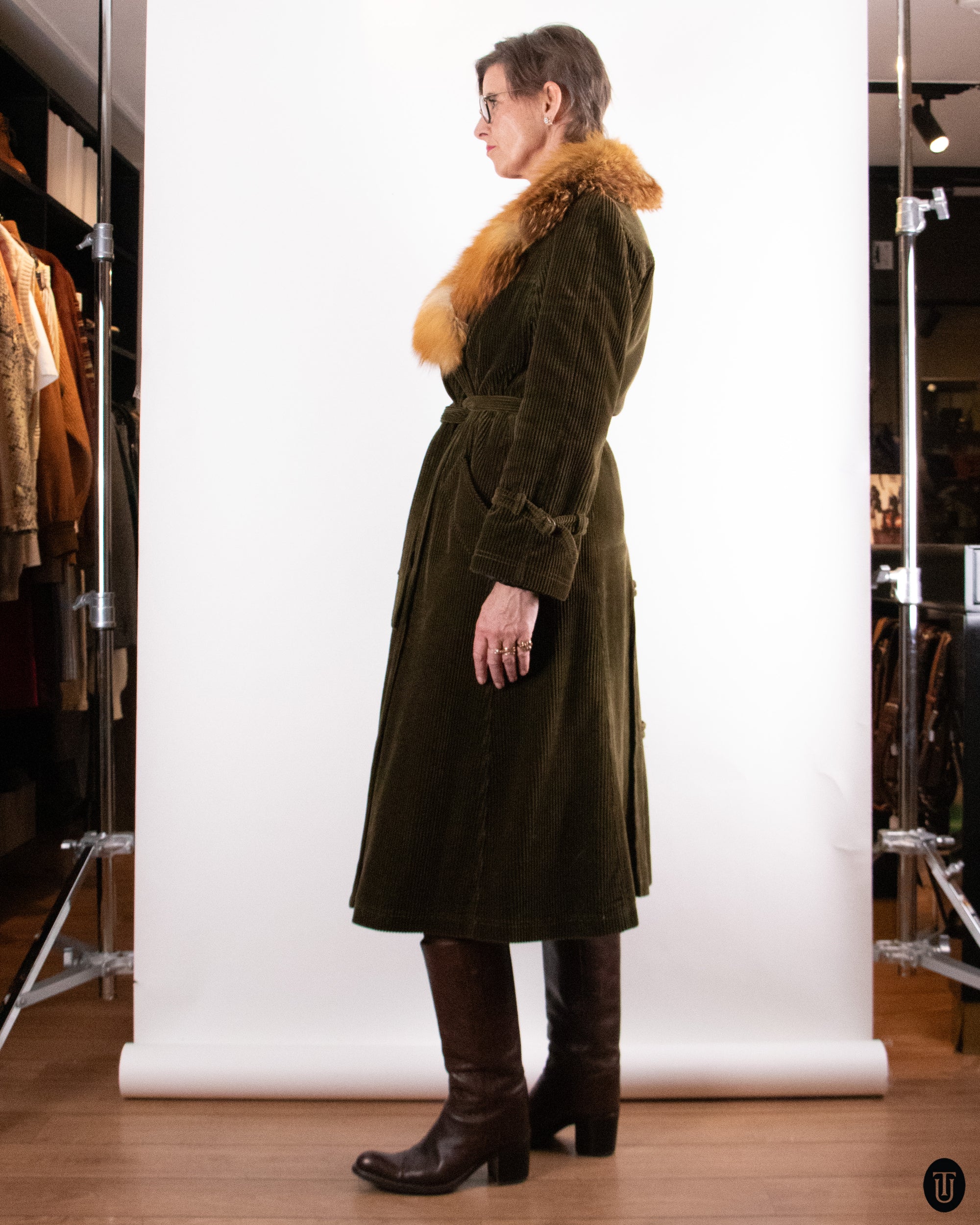 70's Hermes Corduroy & Fox Fur Coat M