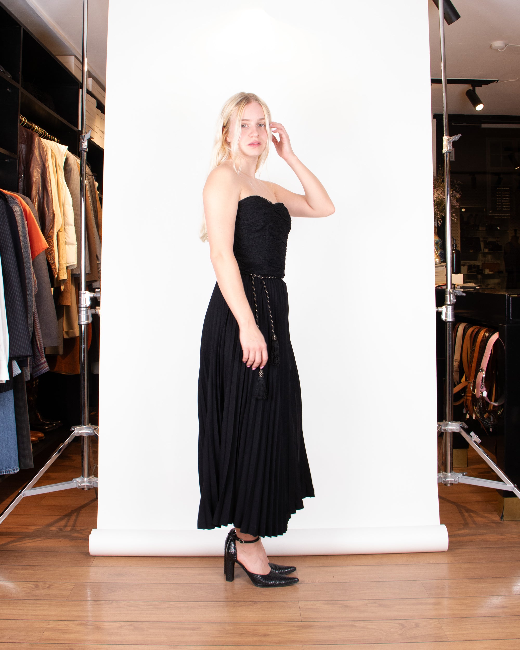 1970s Yves Saint Laurent Black Pleated Maxi Skirt S