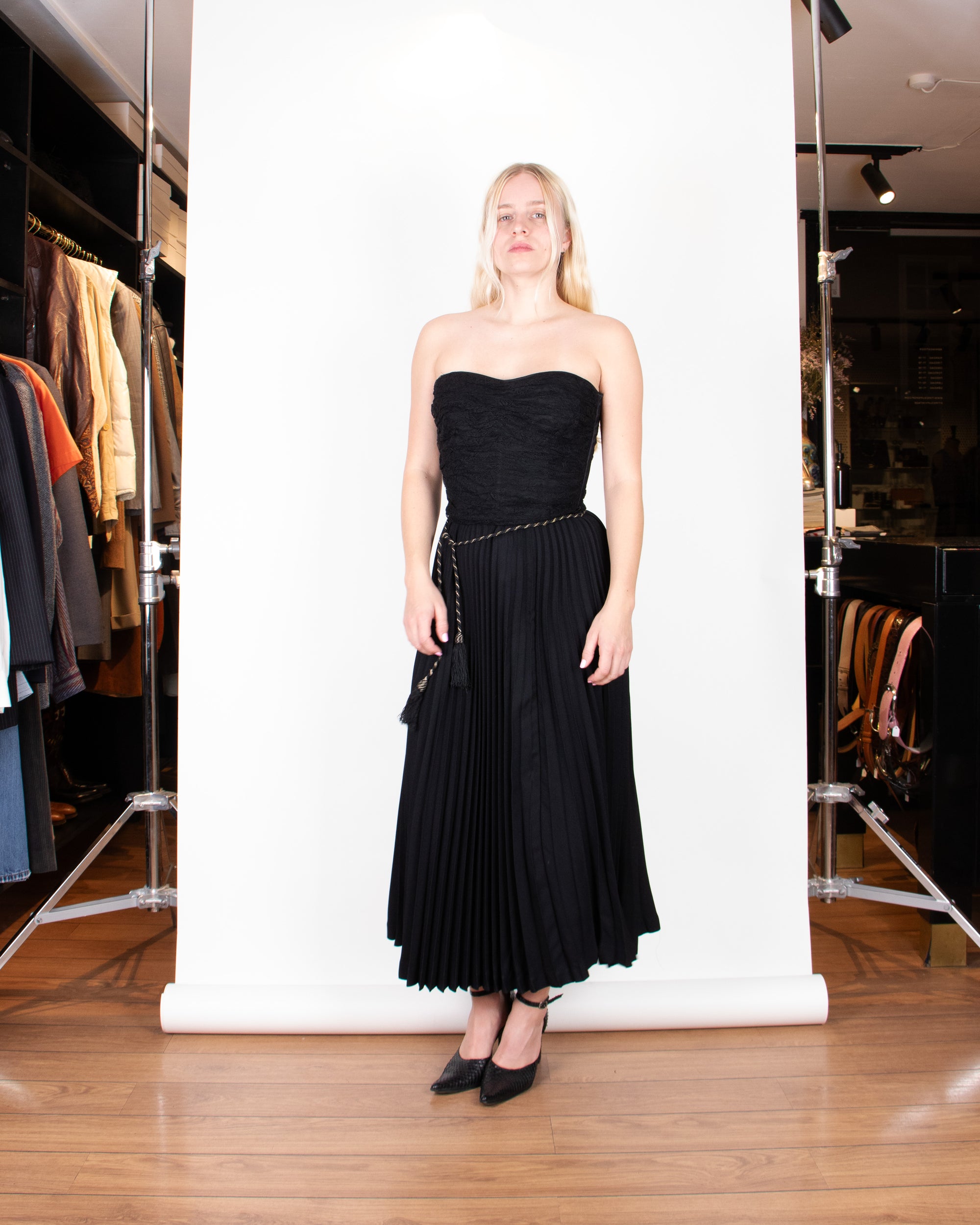 1970s Yves Saint Laurent Black Pleated Maxi Skirt S