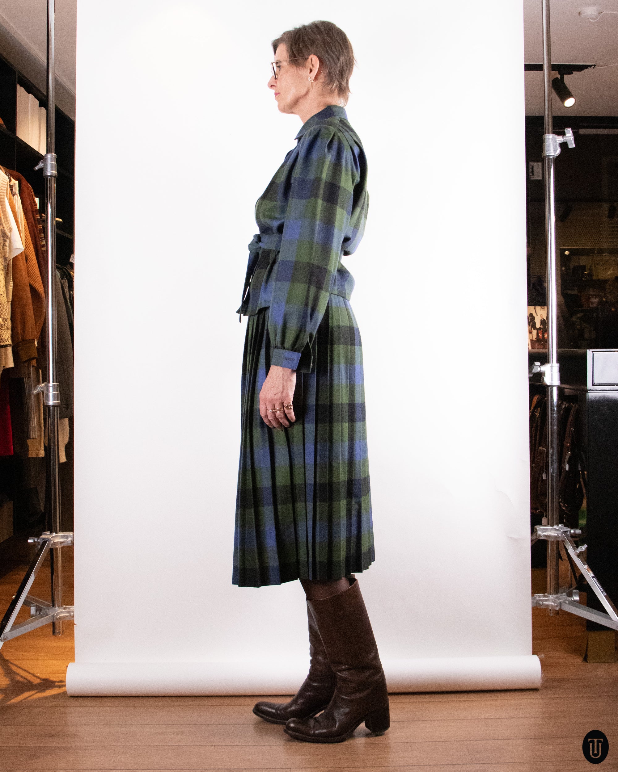 70's Vintage Wool Plaid Skirt Ensemble M