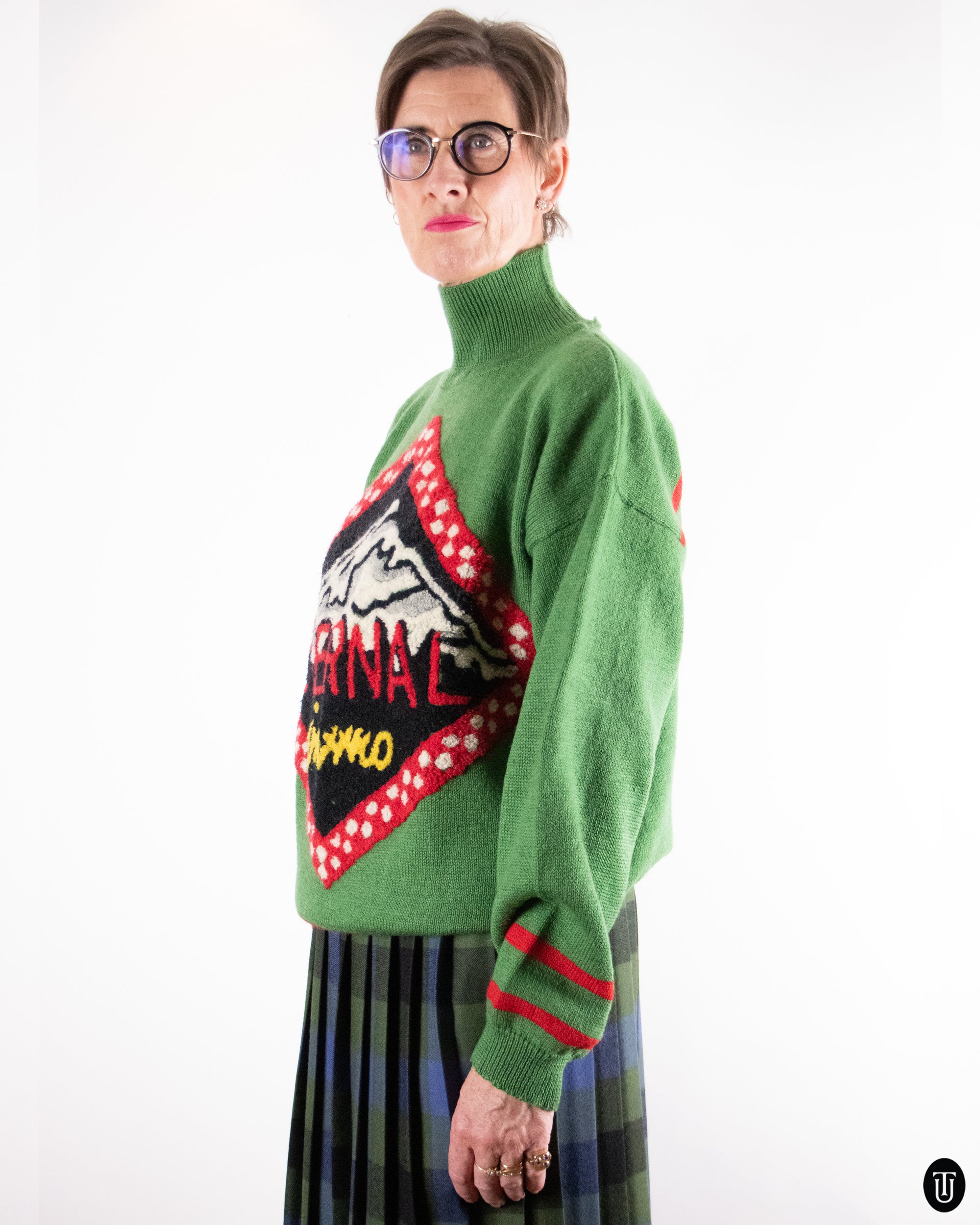 90's Graphic Green Wool Sweater L
