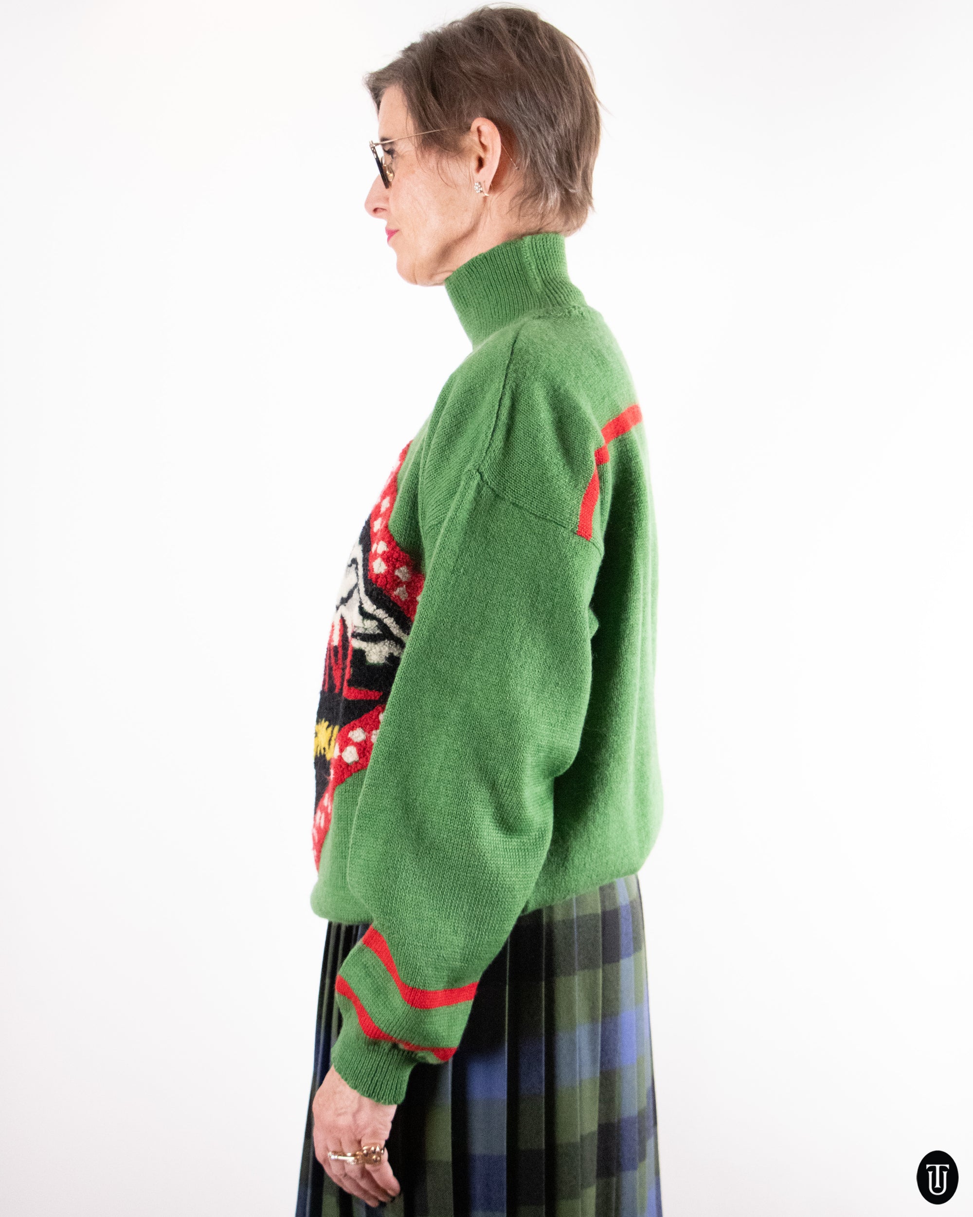 90's Graphic Green Wool Sweater L