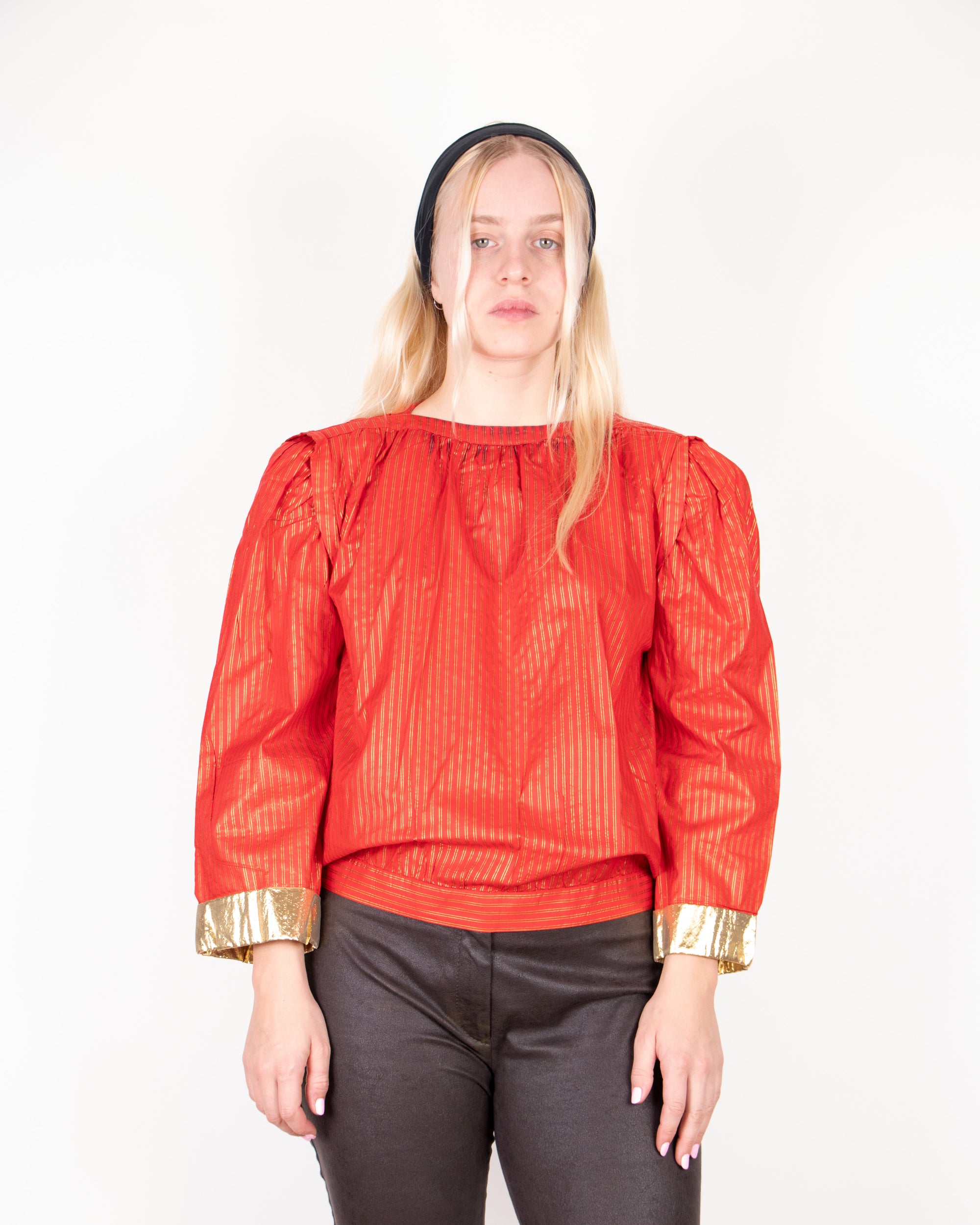 1980s Giorgio Armani Red Cotton Blouse with Gold Details M