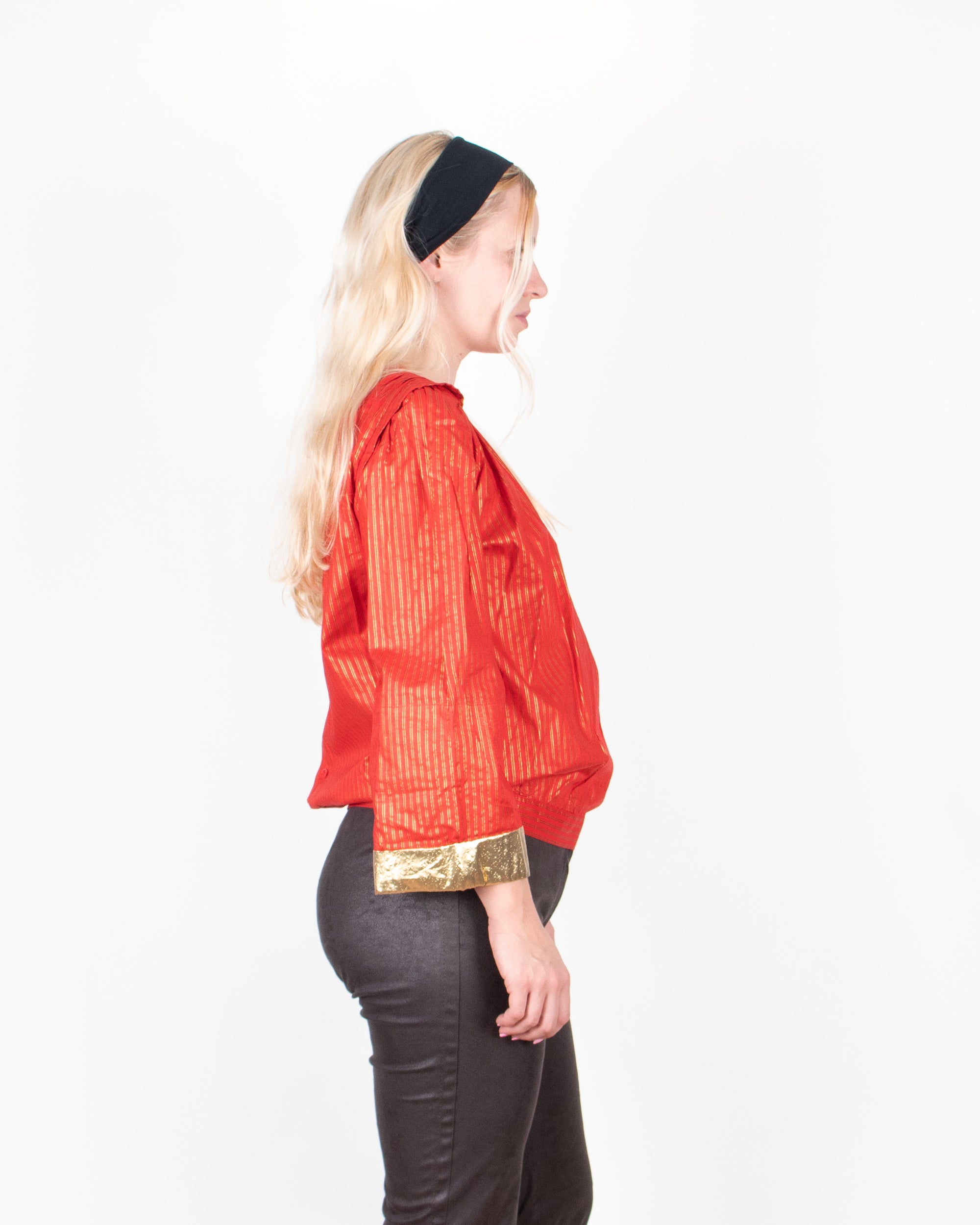 1980s Giorgio Armani Red Cotton Blouse with Gold Details M