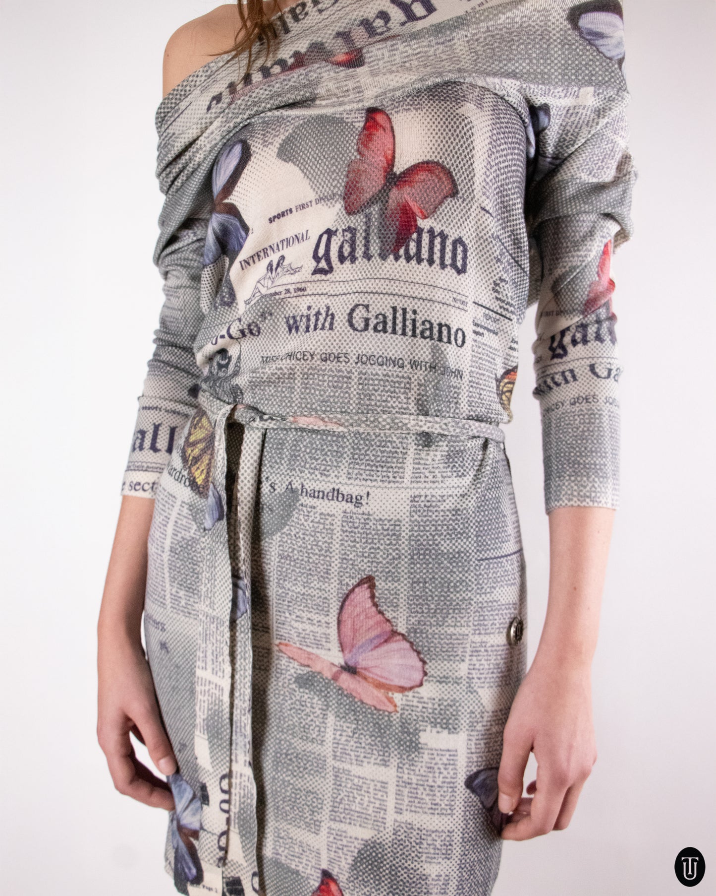 00's John Galliano Newspaper Print Wool Dress M