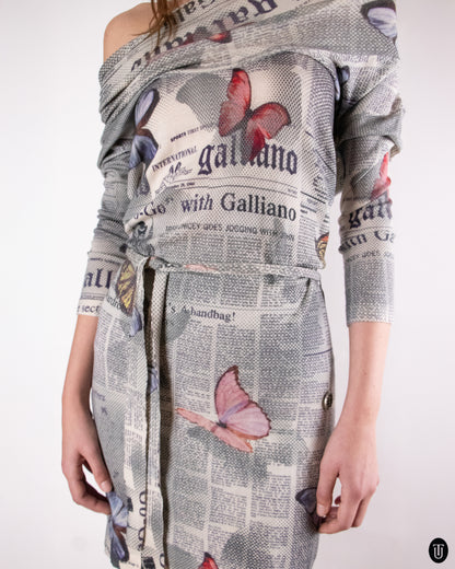 00's John Galliano Newspaper Print Wool Dress M